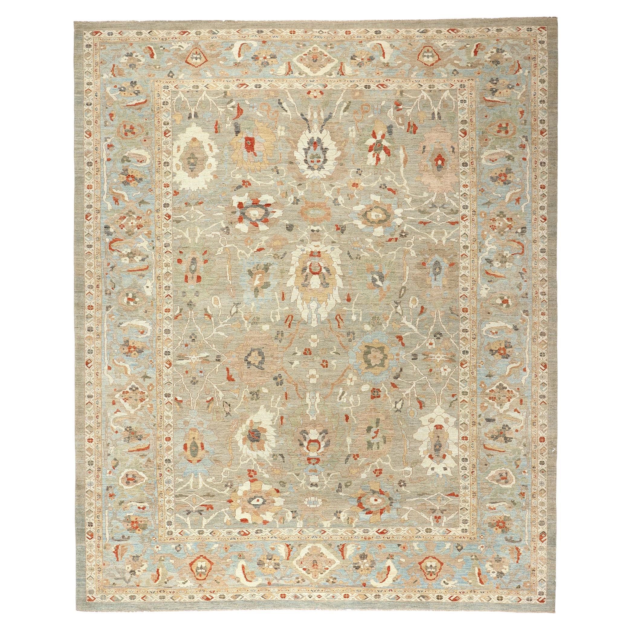 Contemporary Tan and Blue Persian Sultanabad Rug, 15'06 x 18'09 For Sale