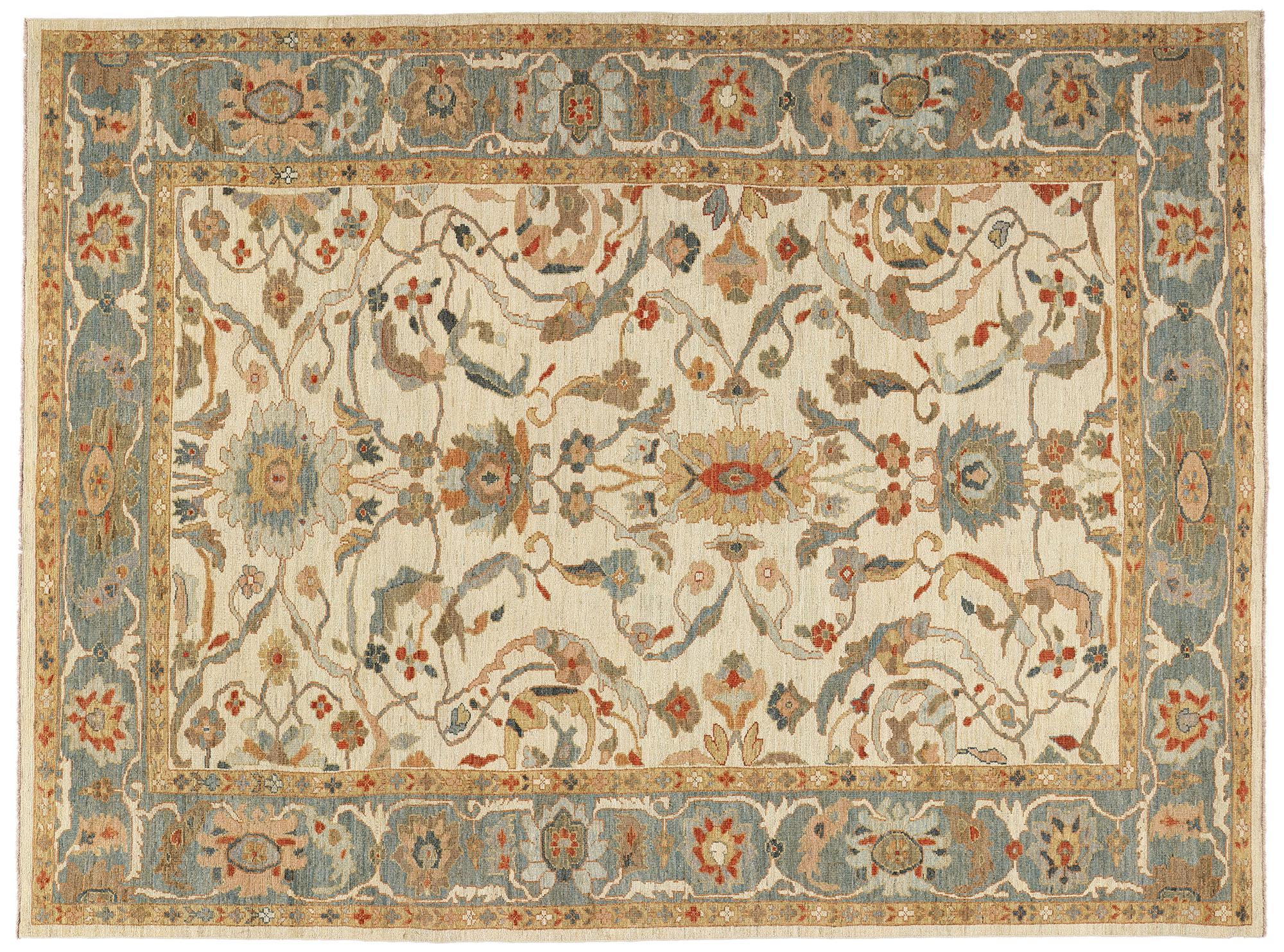 Contemporary Tan and Blue Persian Sultanabad Rug For Sale 4