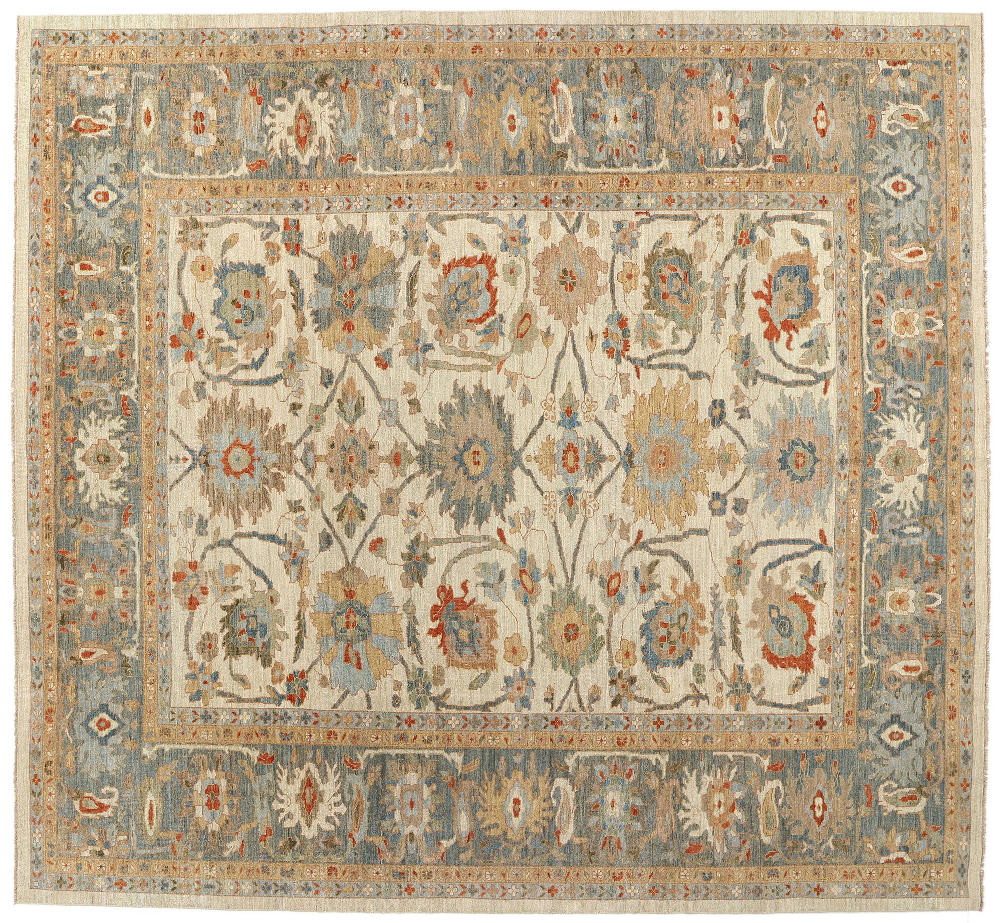 Contemporary Tan and Blue Persian Sultanabad Rug For Sale 4