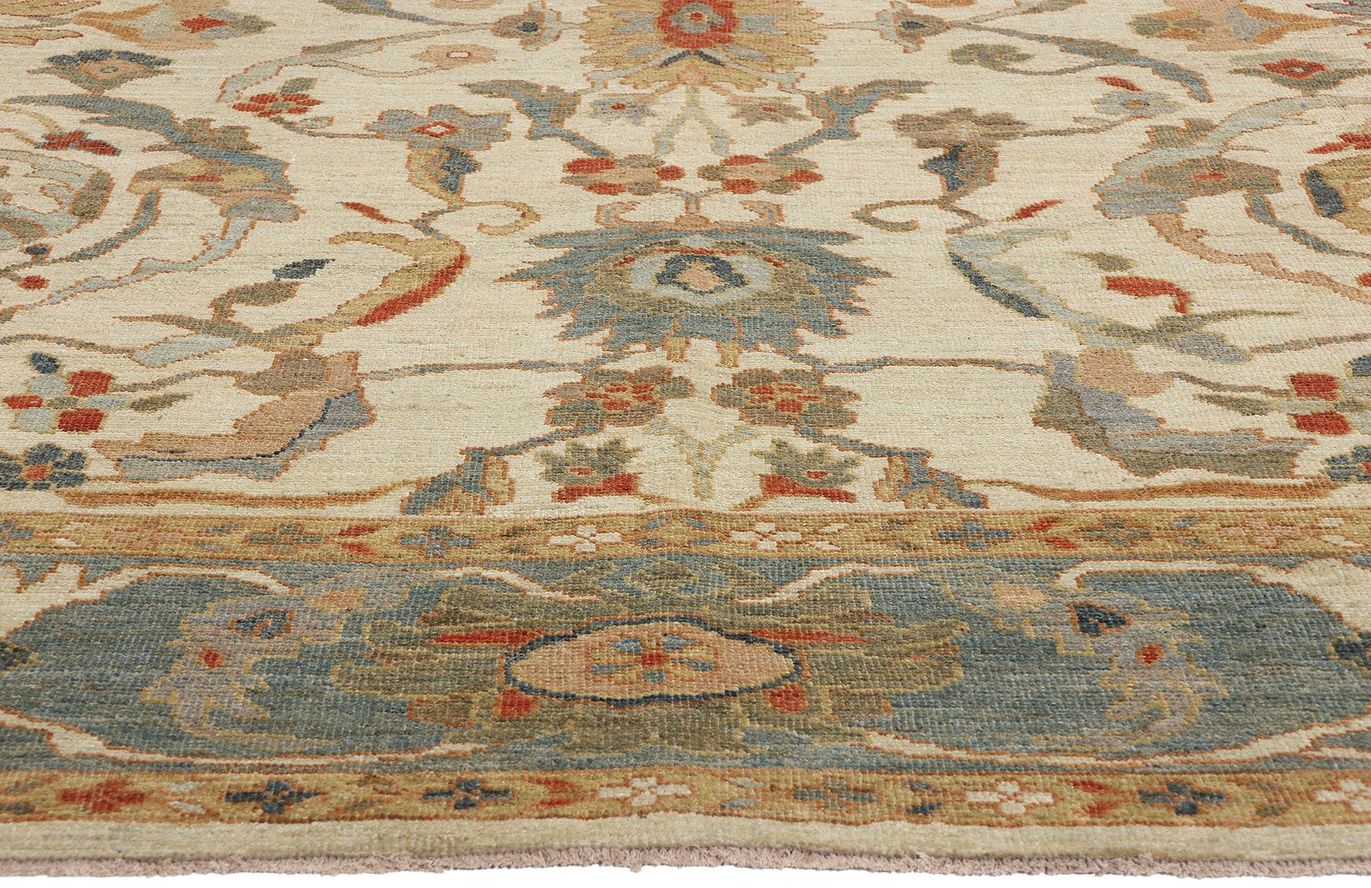 Hand-Knotted Contemporary Tan and Blue Persian Sultanabad Rug For Sale
