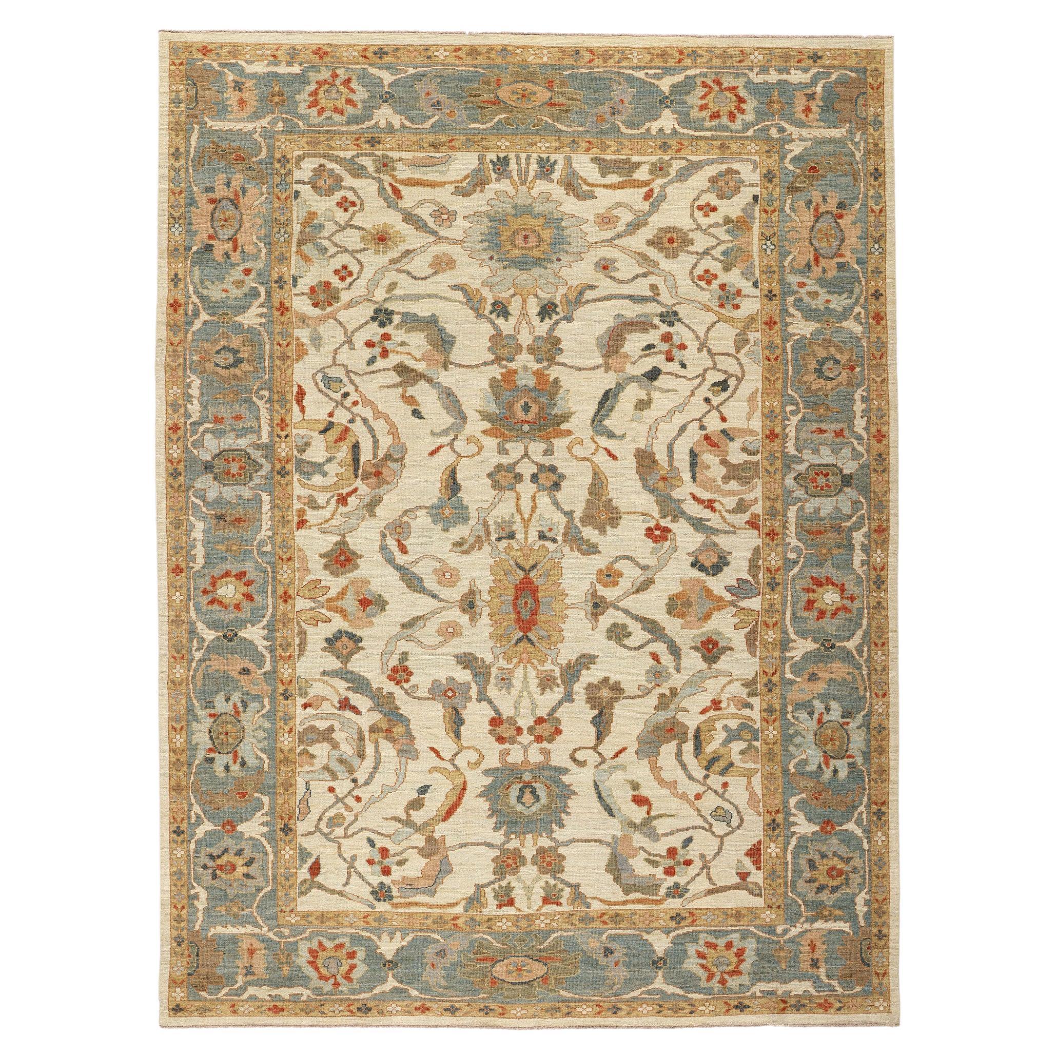 Contemporary Tan and Blue Persian Sultanabad Rug For Sale