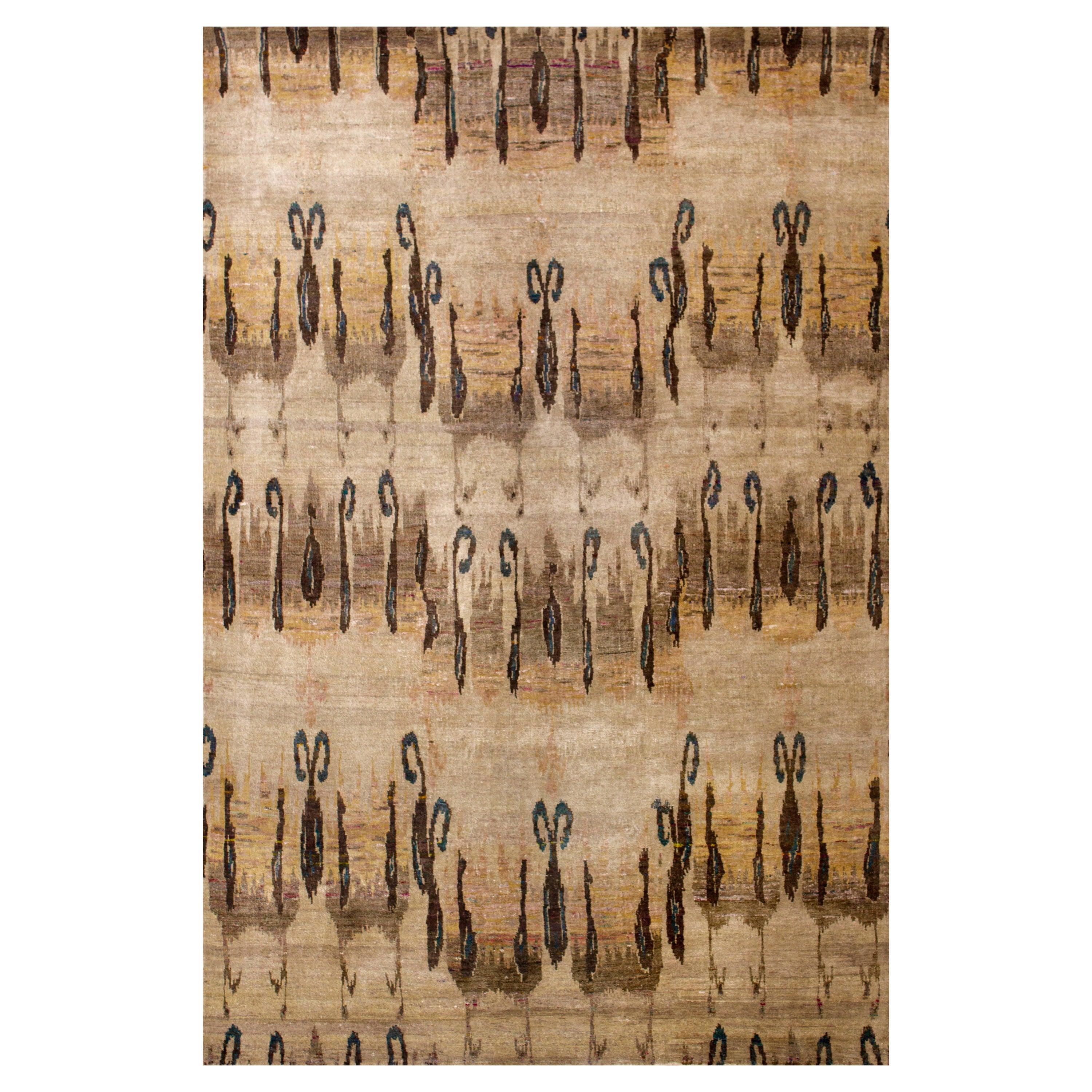 Zeitgenössischer handgeknüpfter, fein gewebter Teppich aus natürlicher Seide in Braun, Kamel und Beige