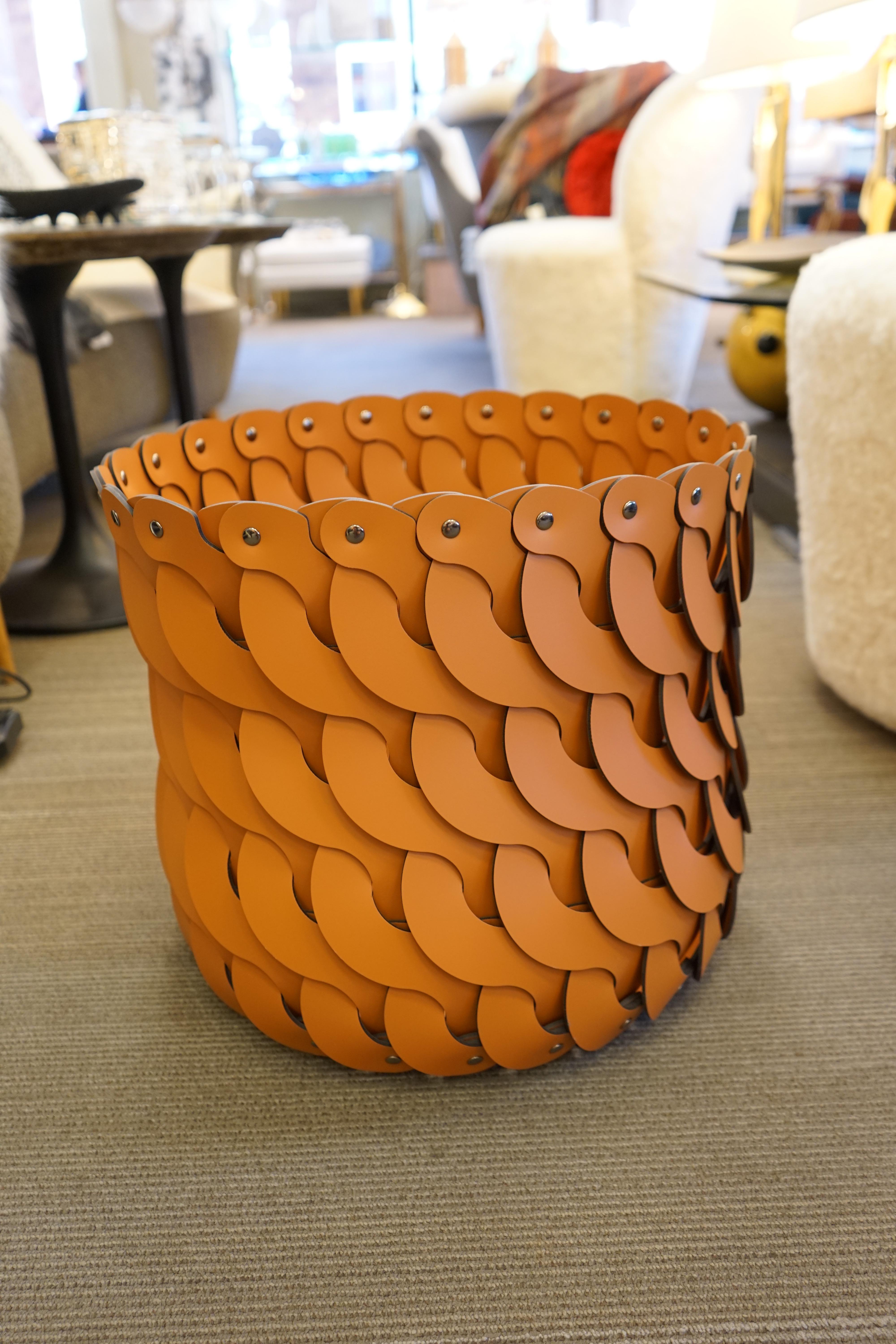 Italian Contemporary Tan Woven Leather Alicante Tall Basket