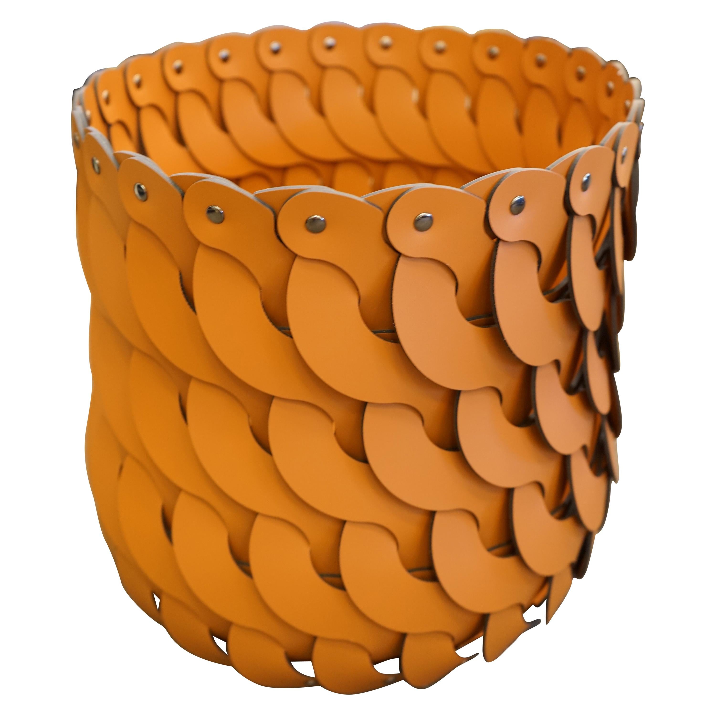 Contemporary Tan Woven Leather Pinetti Alicante Tall Basket