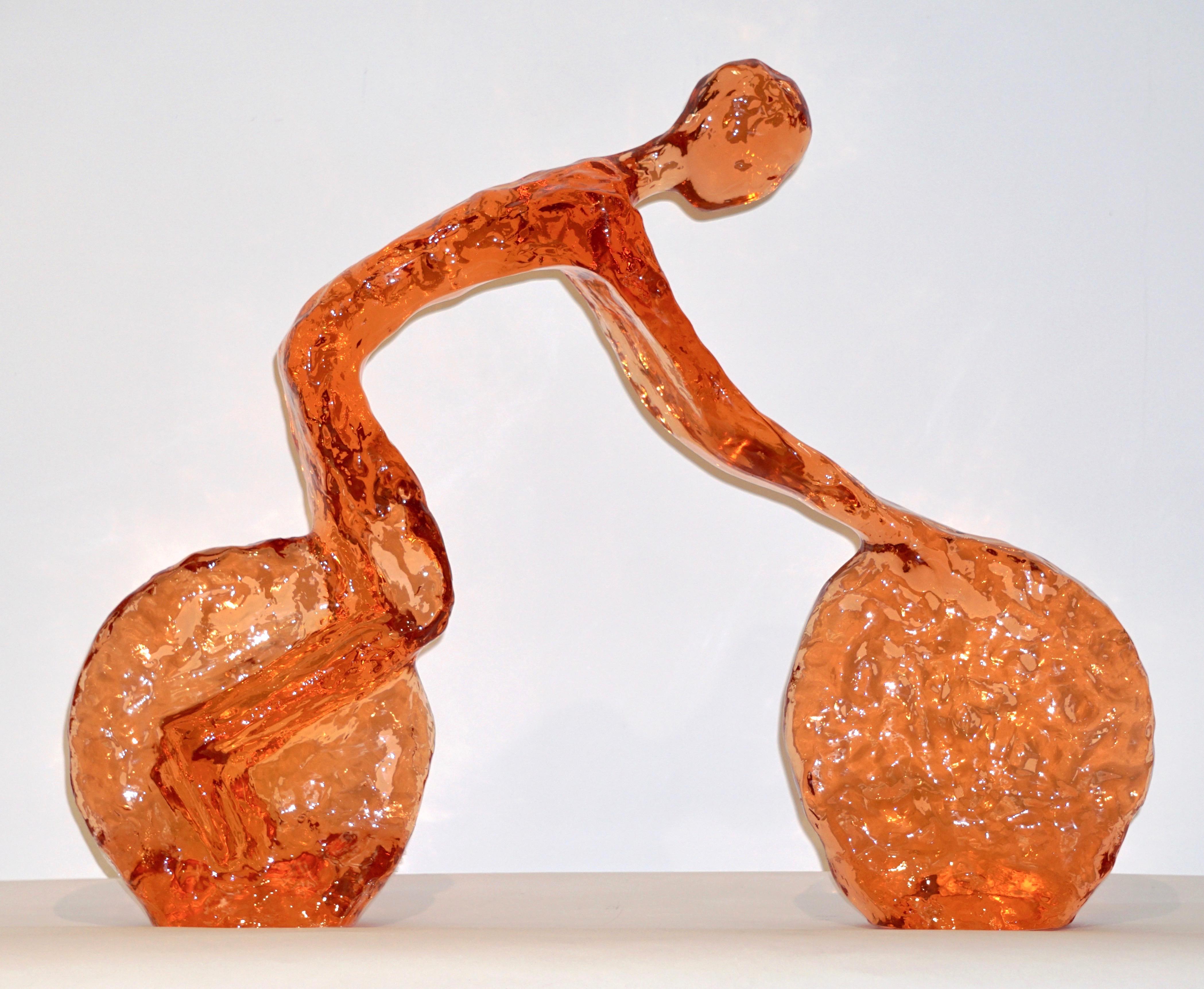 Contemporary Tangerine Orange Modern Lucite Sculpture of Minimalist Cyclist 2