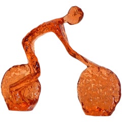 Contemporary Tangerine Orange Modern Lucite Sculpture of Minimalist Cyclist