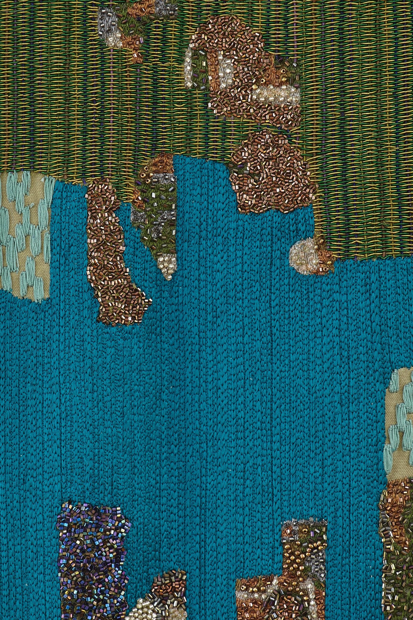 Moderne Panneau mural de tapisserie Contemporary Embroidery Blue Dawn Landscape (broderie de l'aube bleue) en vente