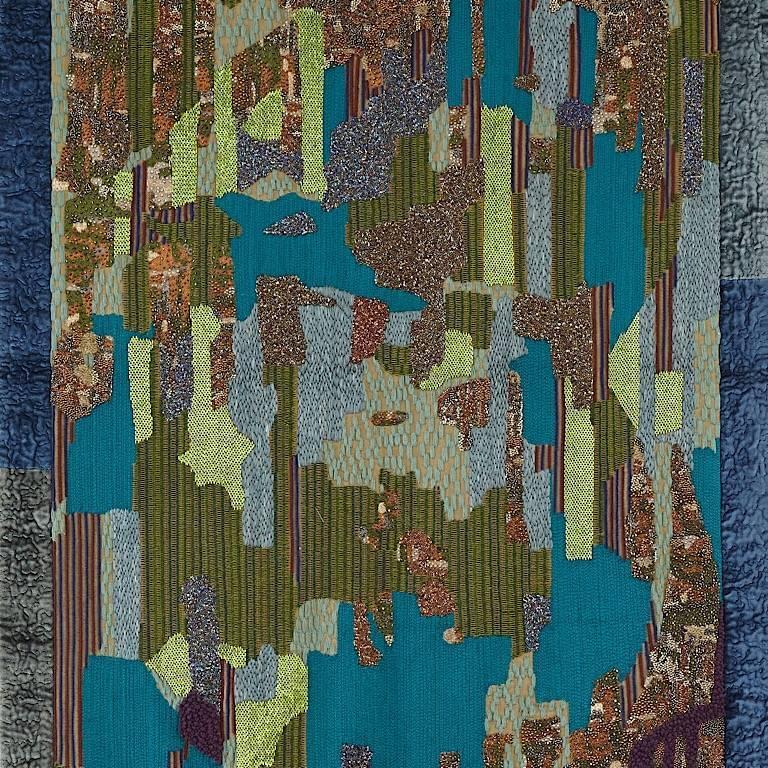 Triptych of tapestry inspired by the wonderful Irish landscape.
These wall panels are embroidered with beads, needlework, raffia, metallic thread, french knots, and more, in a mix of materials and techniques that reflex the diversity of nature.