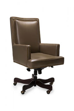 Contemporary Taupe Leather Brass Studded Swivel / Rolling Office Chair