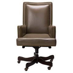 Contemporary Taupe Leather Brass Studded Swivel / Rolling Office Chair
