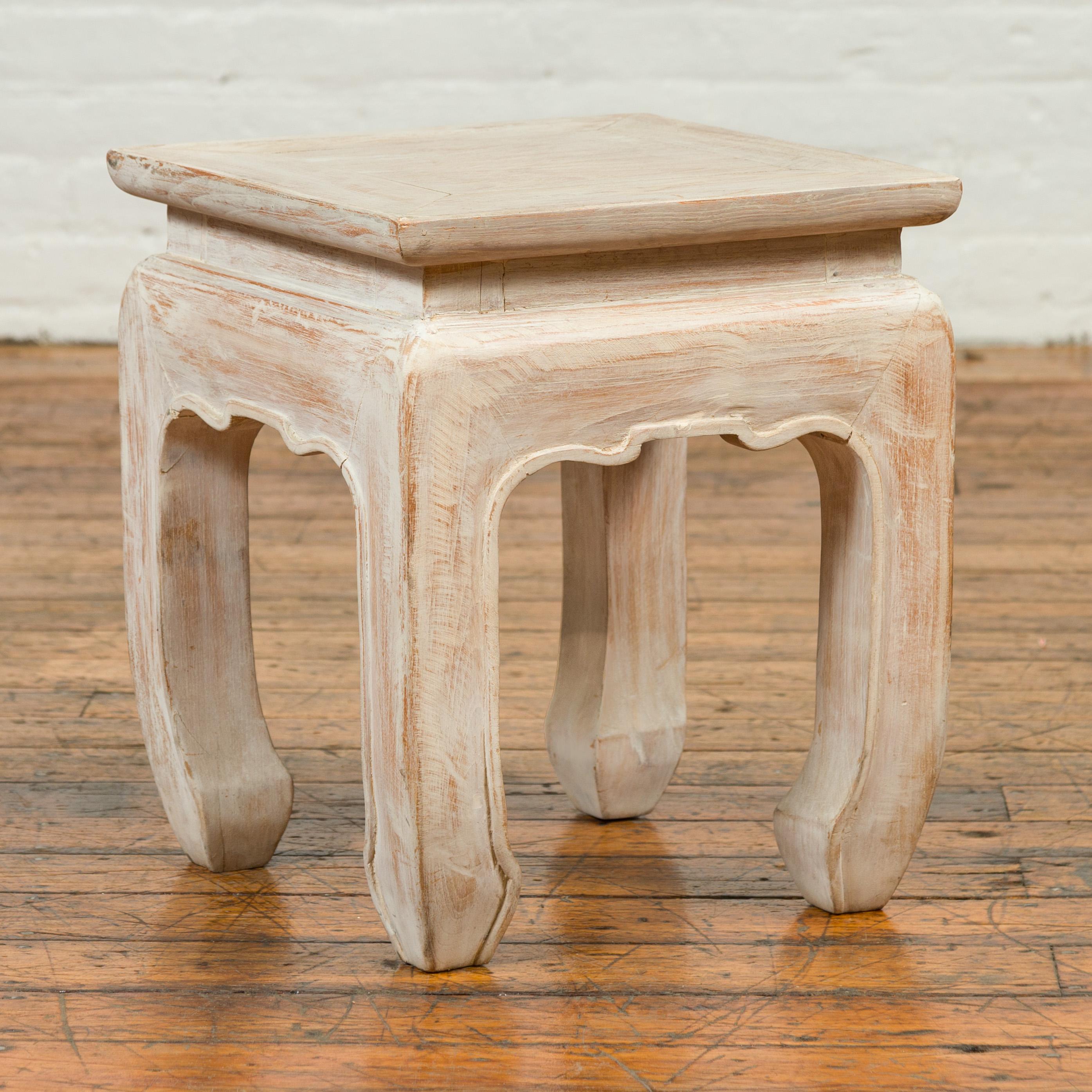 Contemporary Teak Ming Style Waisted Stool with Chow Legs and Distressed Finish For Sale 5