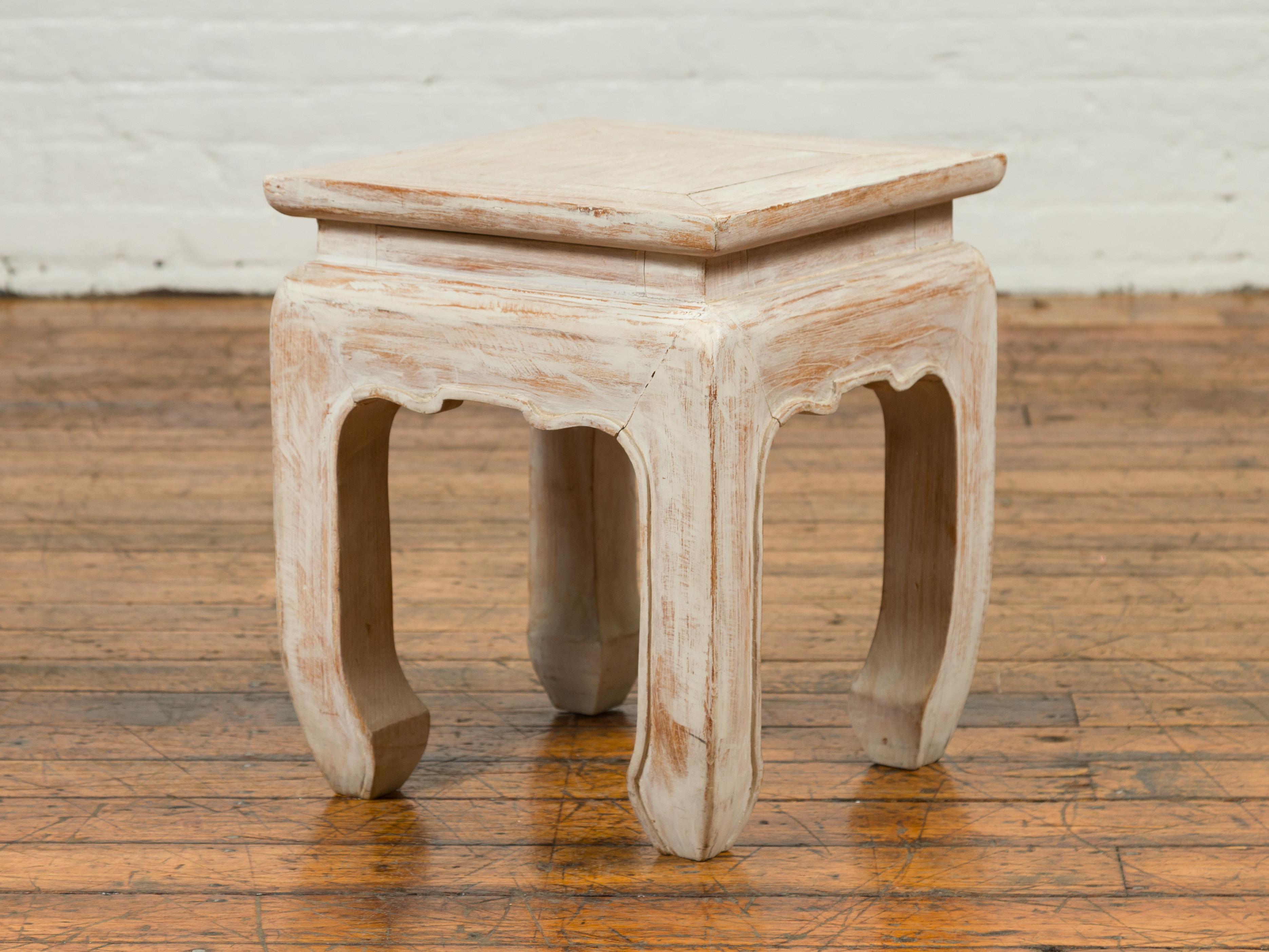 Contemporary Teak Ming Style Waisted Stool with Chow Legs and Distressed Finish For Sale 6