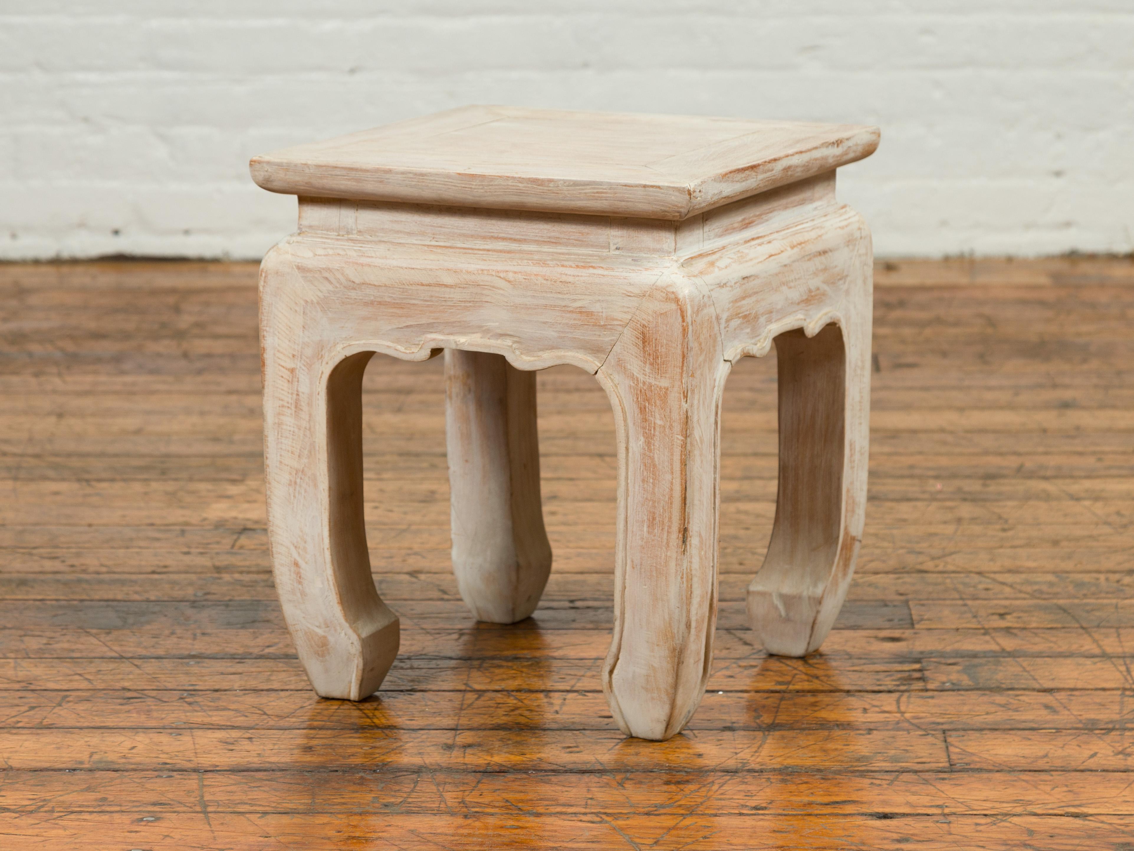 Contemporary Teak Ming Style Waisted Stool with Chow Legs and Distressed Finish For Sale 7