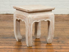 Contemporary Teak Ming Style Waisted Stool with Chow Legs and Distressed Finish