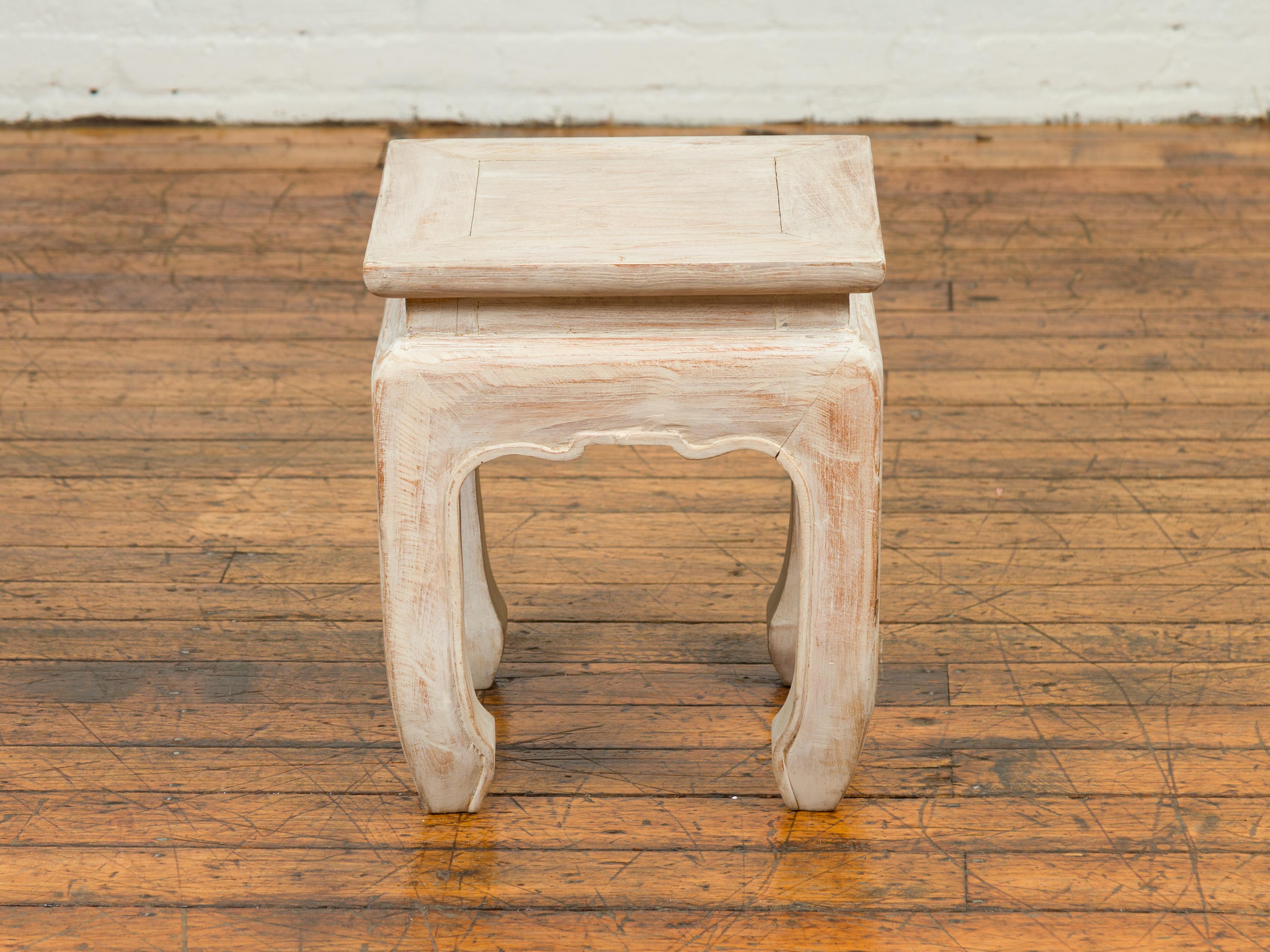 Thai Contemporary Teak Ming Style Waisted Stool with Chow Legs and Distressed Finish For Sale