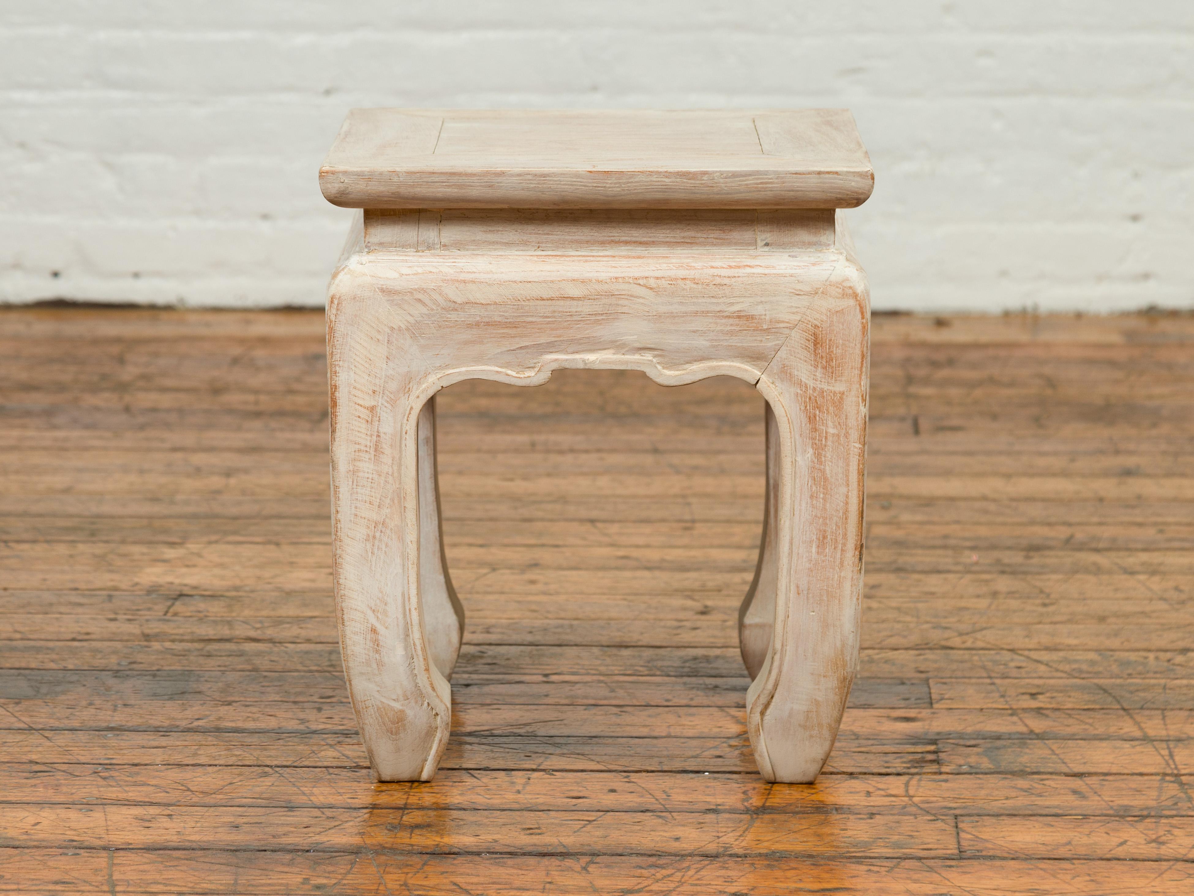 Carved Contemporary Teak Ming Style Waisted Stool with Chow Legs and Distressed Finish For Sale