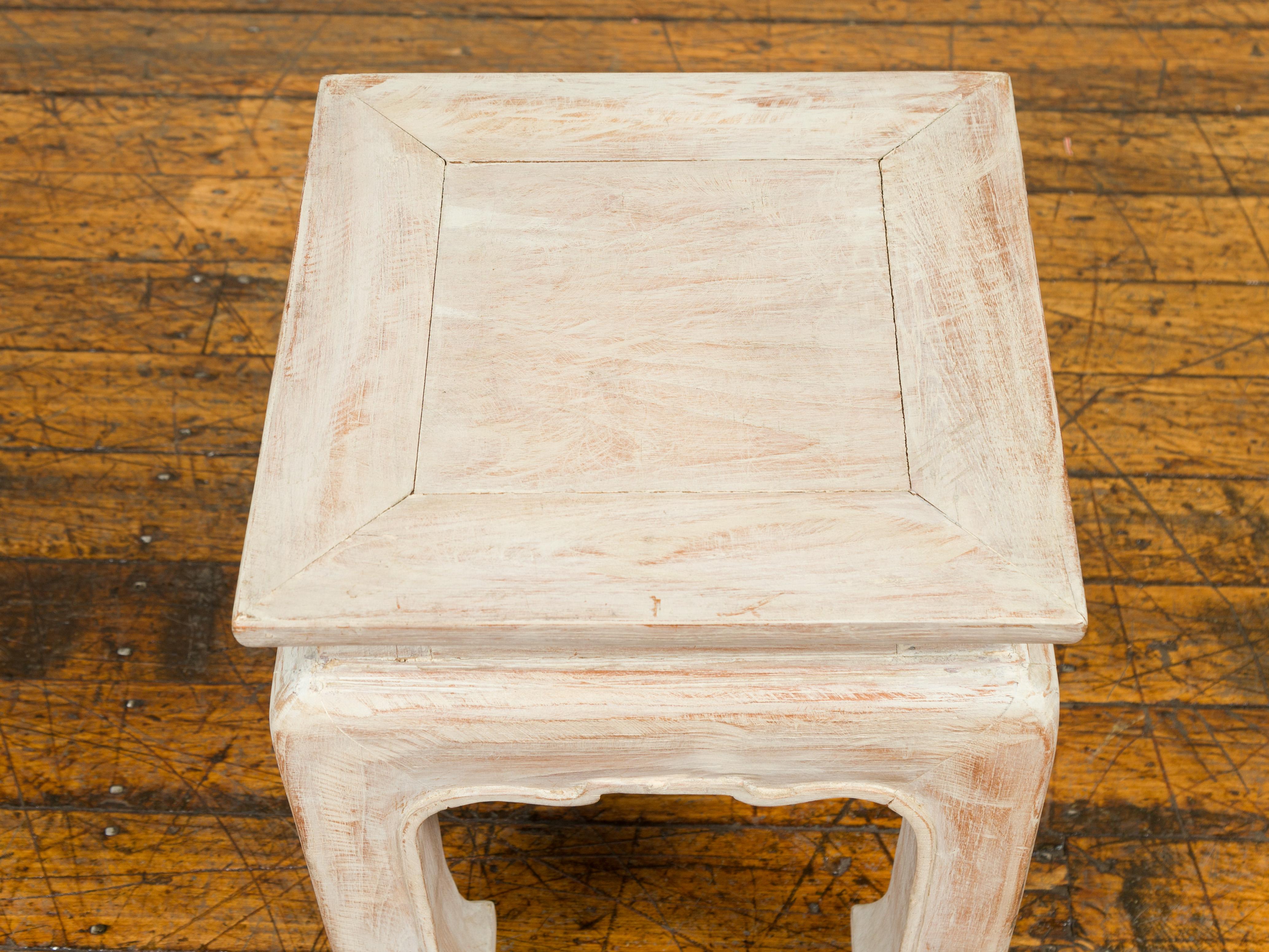 Contemporary Teak Ming Style Waisted Stool with Chow Legs and Distressed Finish For Sale 1