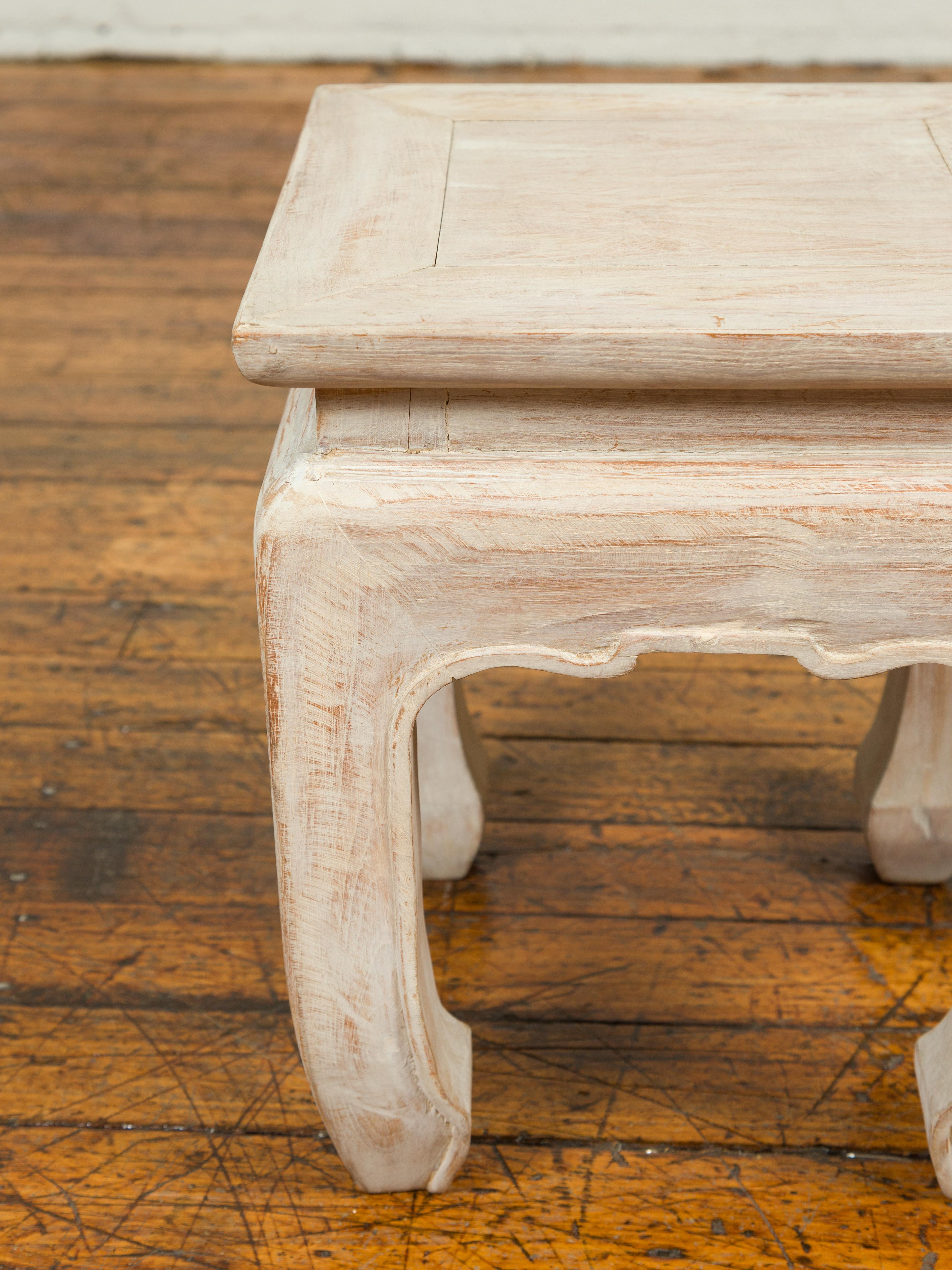 Contemporary Teak Ming Style Waisted Stool with Chow Legs and Distressed Finish For Sale 2