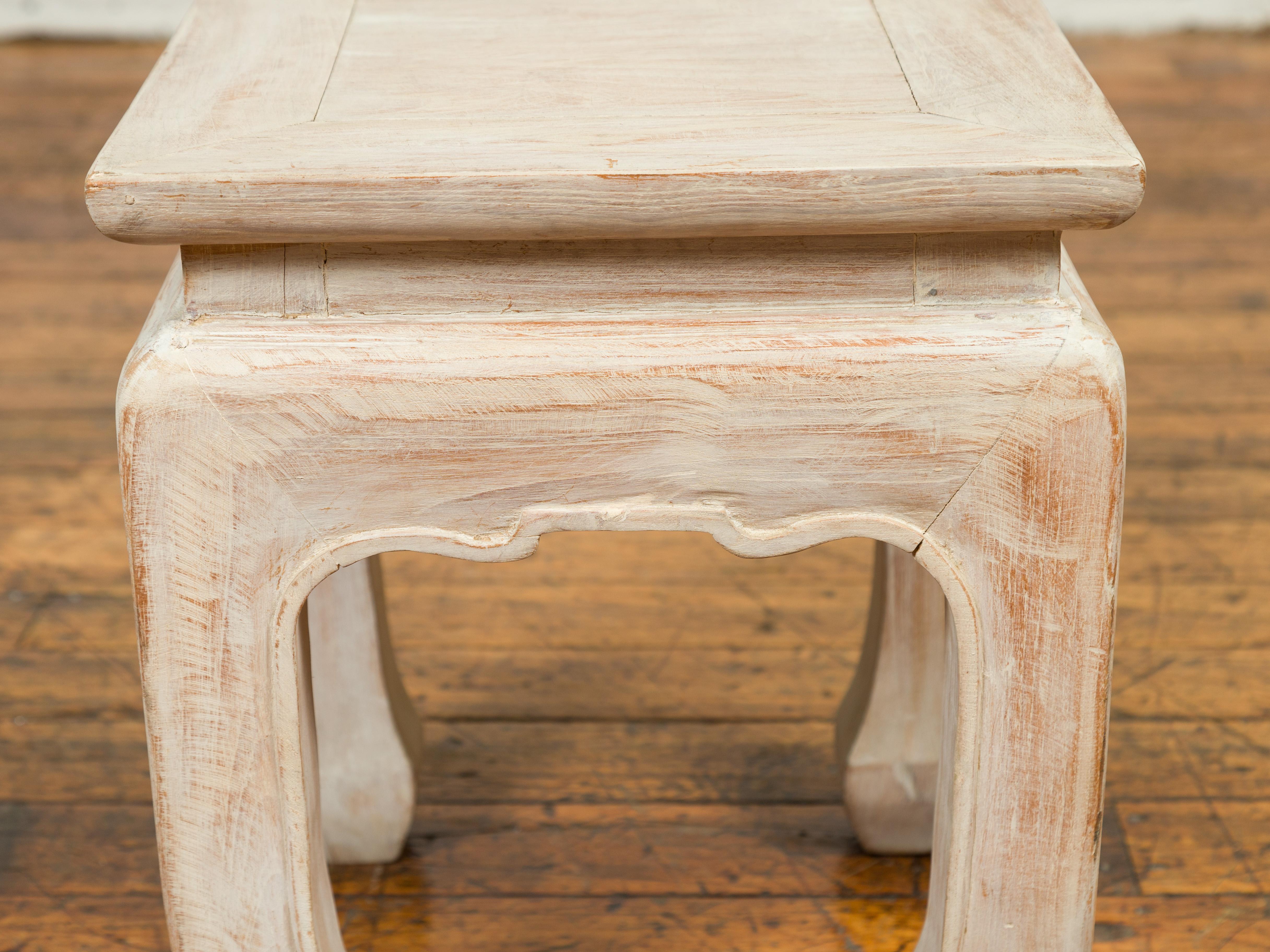 Contemporary Teak Ming Style Waisted Stool with Chow Legs and Distressed Finish For Sale 3