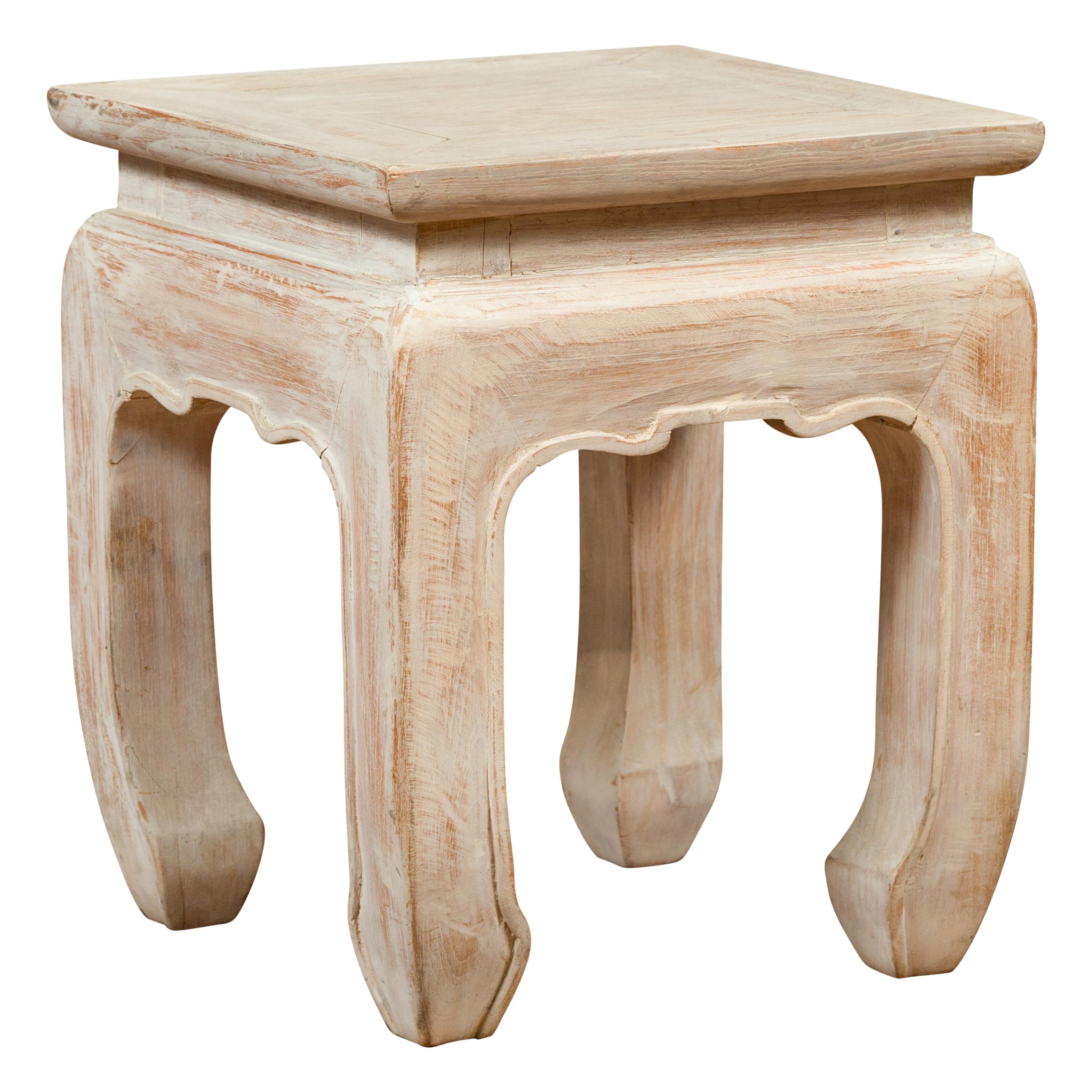 Contemporary Teak Ming Style Waisted Stool with Chow Legs and Distressed Finish For Sale
