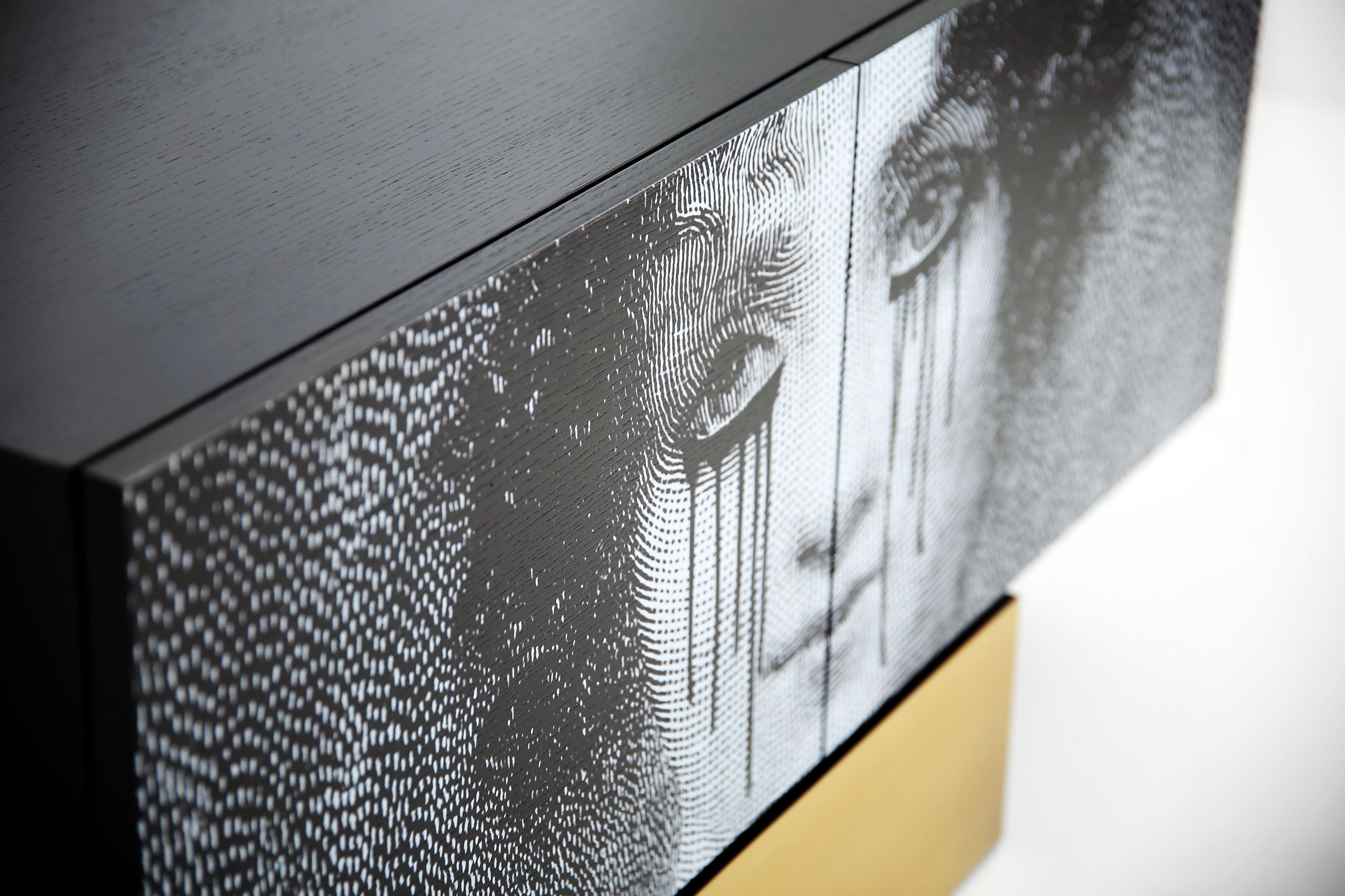 Modern Contemporary Teardrop Sideboard in Black Ash, Brushed Brass, by Railis Design For Sale