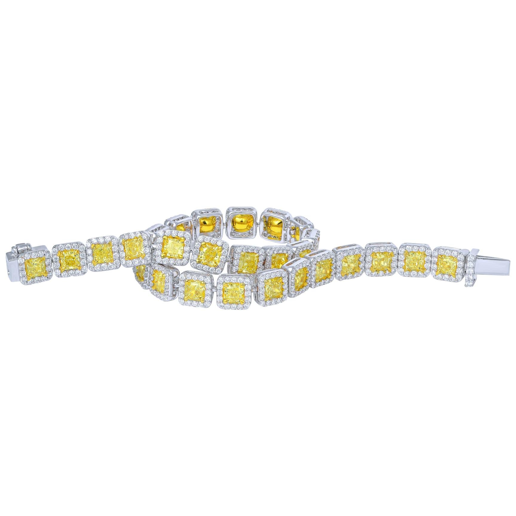 Contemporary Tennis Yellow Diamond Bracelet with White Halo, 7.58 Carat