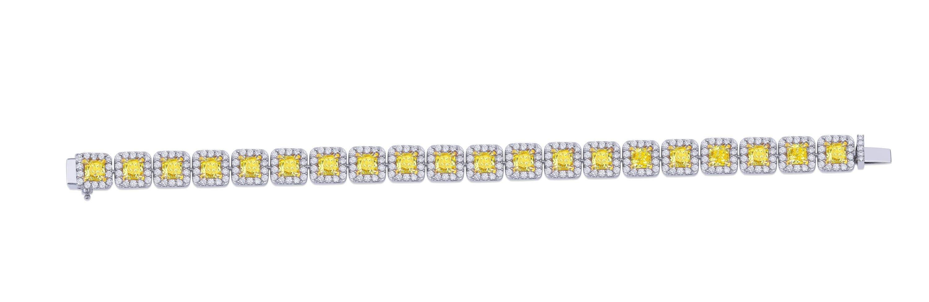 Victorian Contemporary Tennis Yellow Diamond Bracelet with White Halo, 7.58 Carat