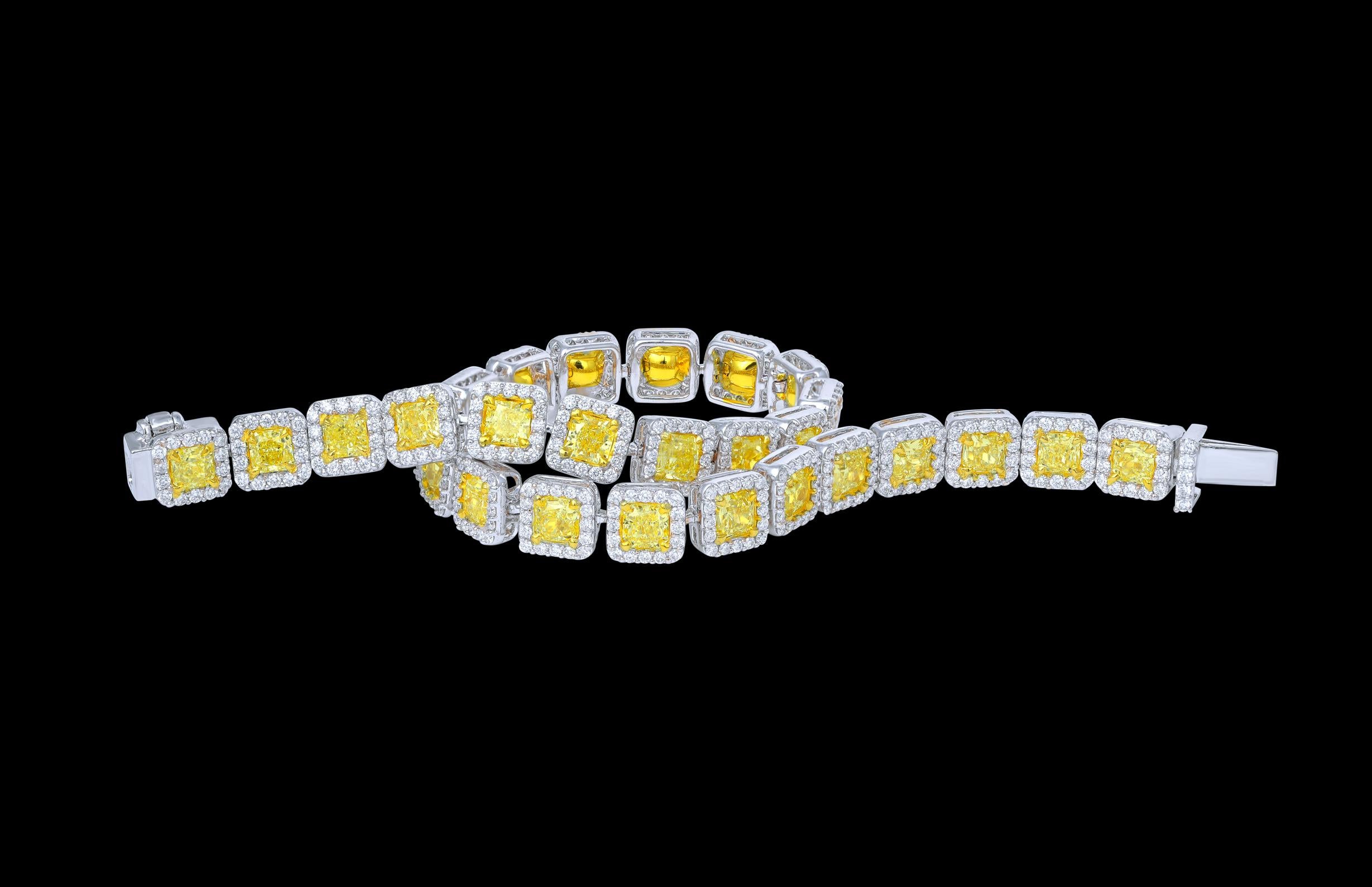 Radiant Cut Contemporary Tennis Yellow Diamond Bracelet with White Halo, 7.58 Carat