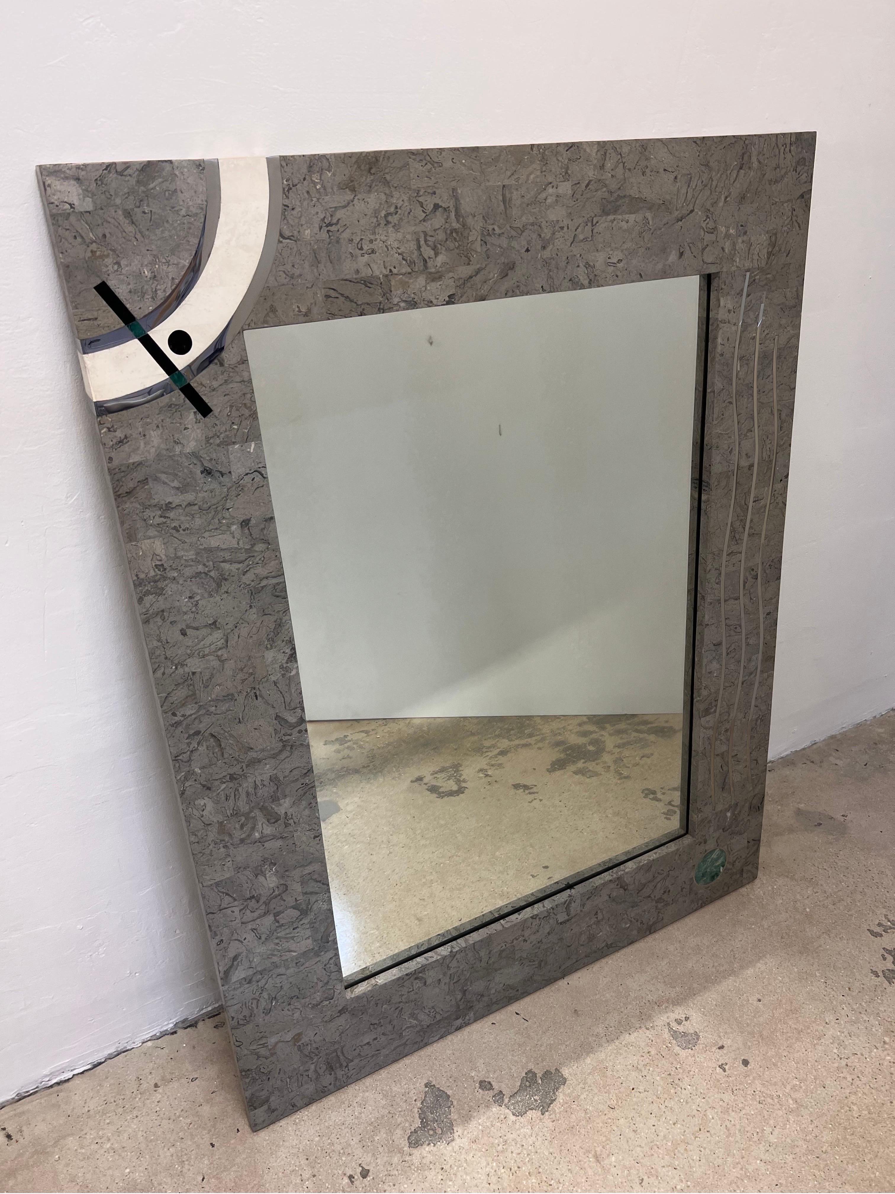 Contemporary Tessellated Stone and Chrome Inlay Mirror by Oggetti In Good Condition For Sale In Miami, FL