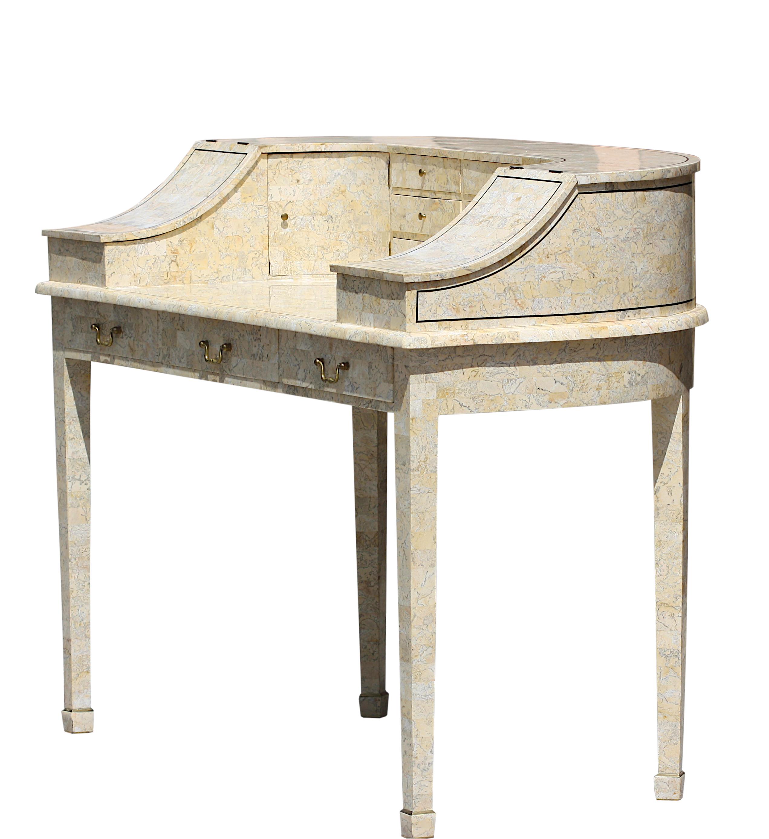 Contemporary Tessellated Stone Carlton House Desk
Maitland Smith. The U-shaped superstructure was fitted with small drawers and two hinged covers, centering a molded top, above a frieze fitted with drawers, on squared straight tapered legs ending in