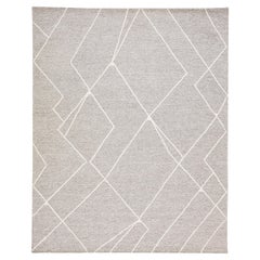 Tappeto Geometrico in Lana Contemporaneo Texture Grigio e Avorio Trapuntato a Mano