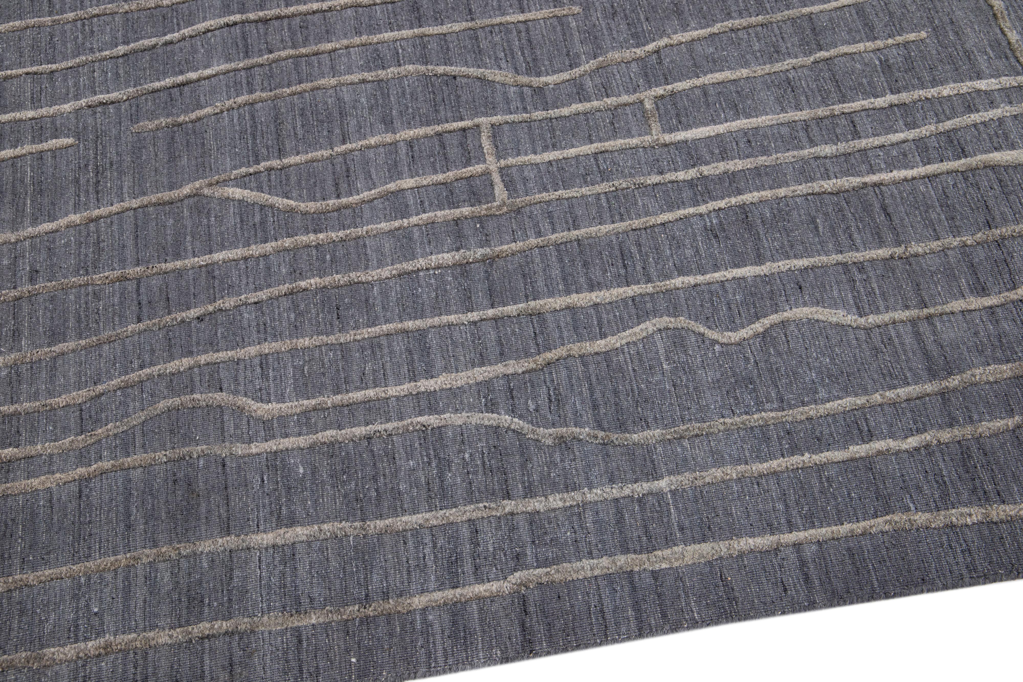 Contemporary Texture Handmade Charcoal Wool & Viscose Rug For Sale 1