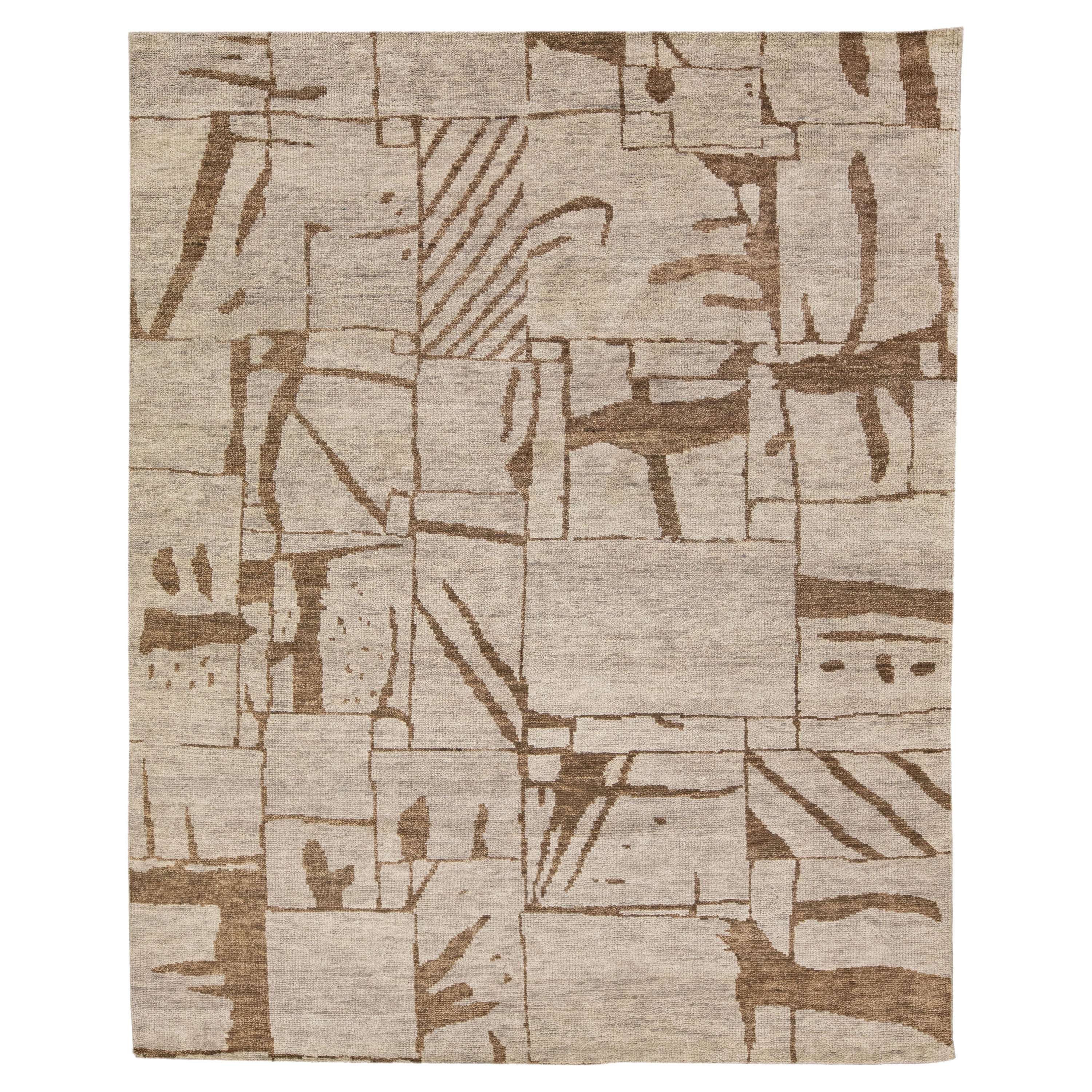 Zeitgenössische Textur Handmade Designed Tan Wool Rug
