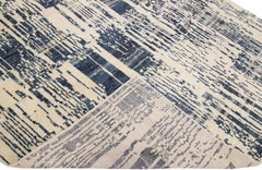 Contemporary Texture Handmade Ivory & Blue Abstract Wool Rug