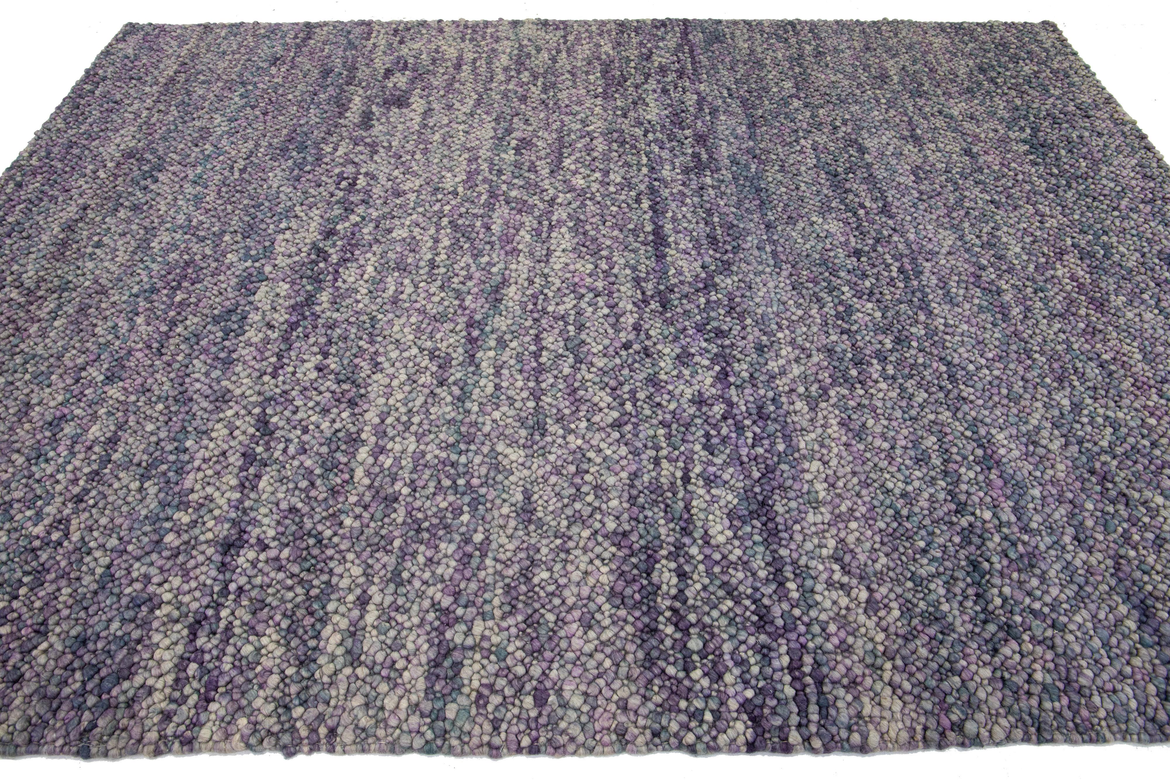 Indian Contemporary Texture Wool Rug Handmade with Purple and Blue Allover Design For Sale