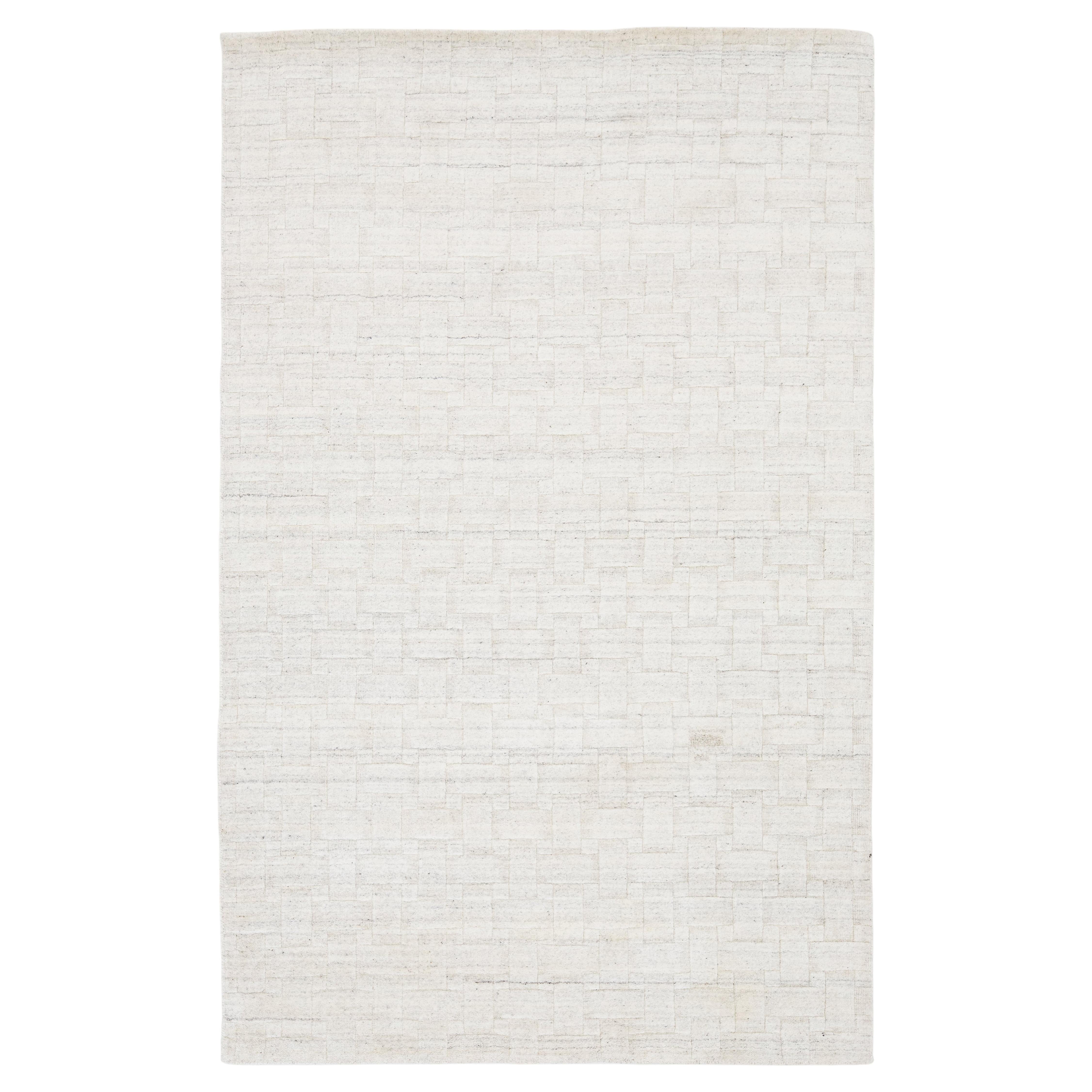 Contemporary Textured Moroccan Style Rug in Ivory and Cream Wool-Viscose Blend For Sale