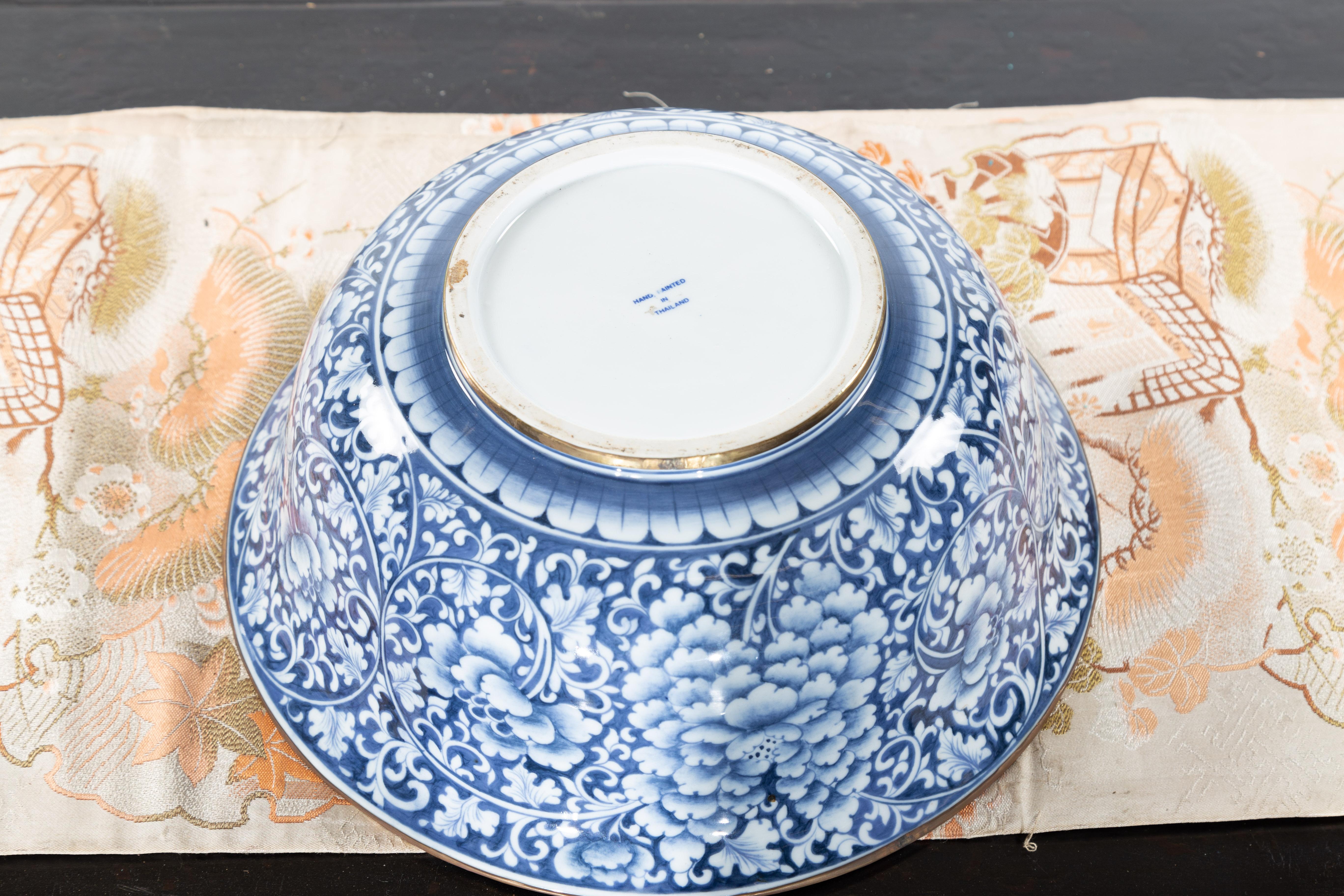 Contemporary Thai Hand-Painted Blue and White Porcelain Bowl with Floral Motifs 7