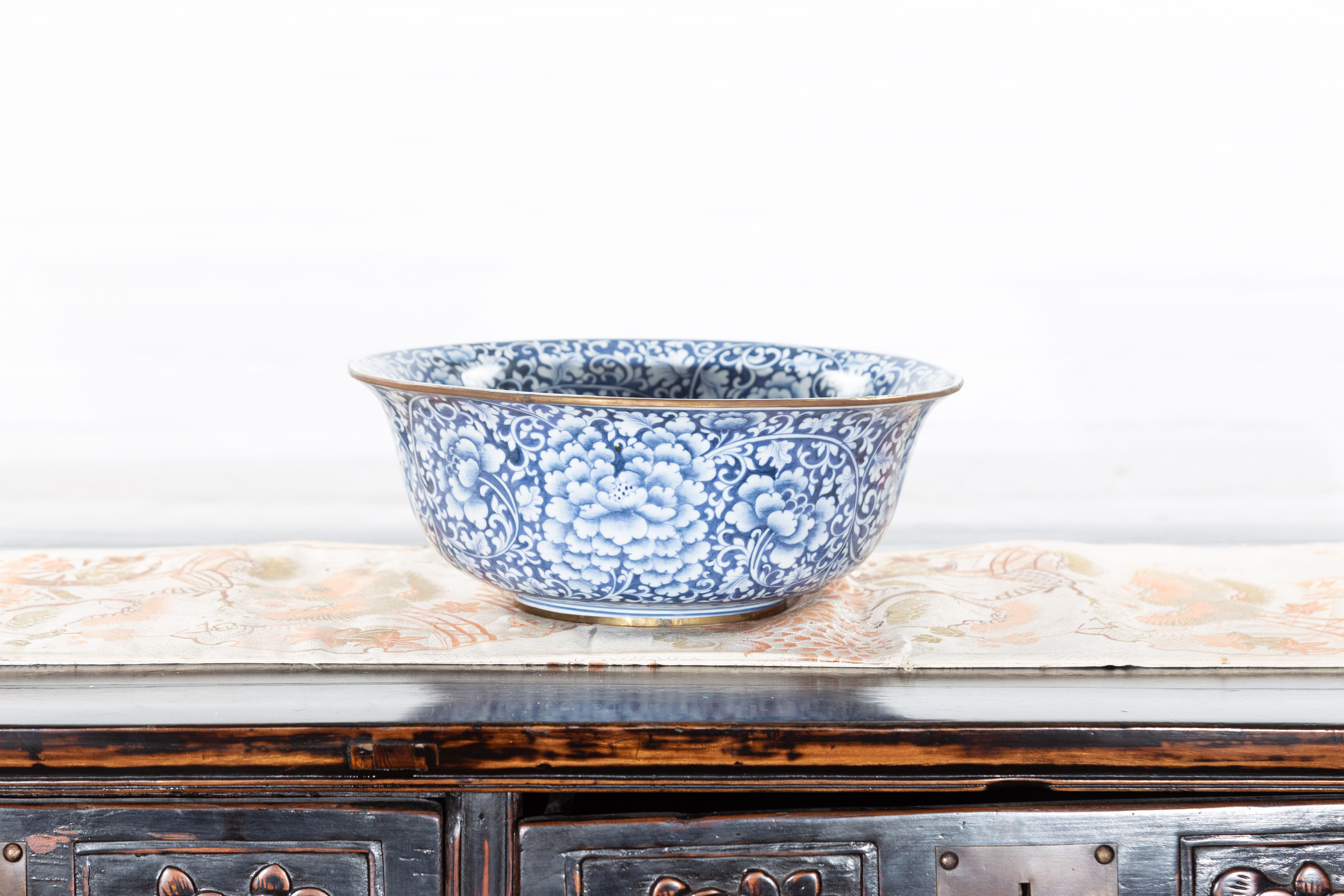 Contemporary Thai Hand-Painted Blue and White Porcelain Bowl with Floral Motifs 8