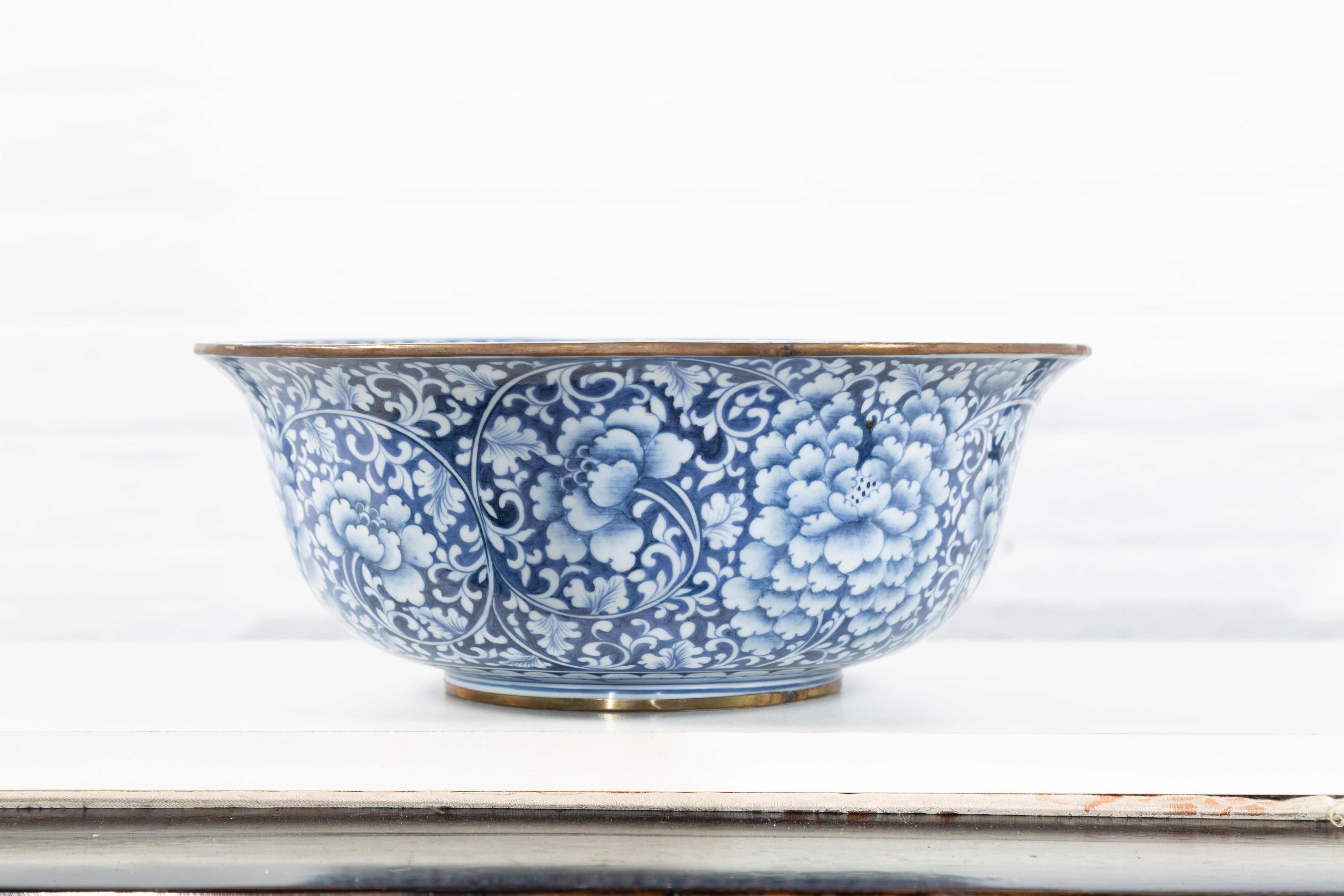 Contemporary Thai Hand-Painted Blue and White Porcelain Bowl with Floral Motifs 9