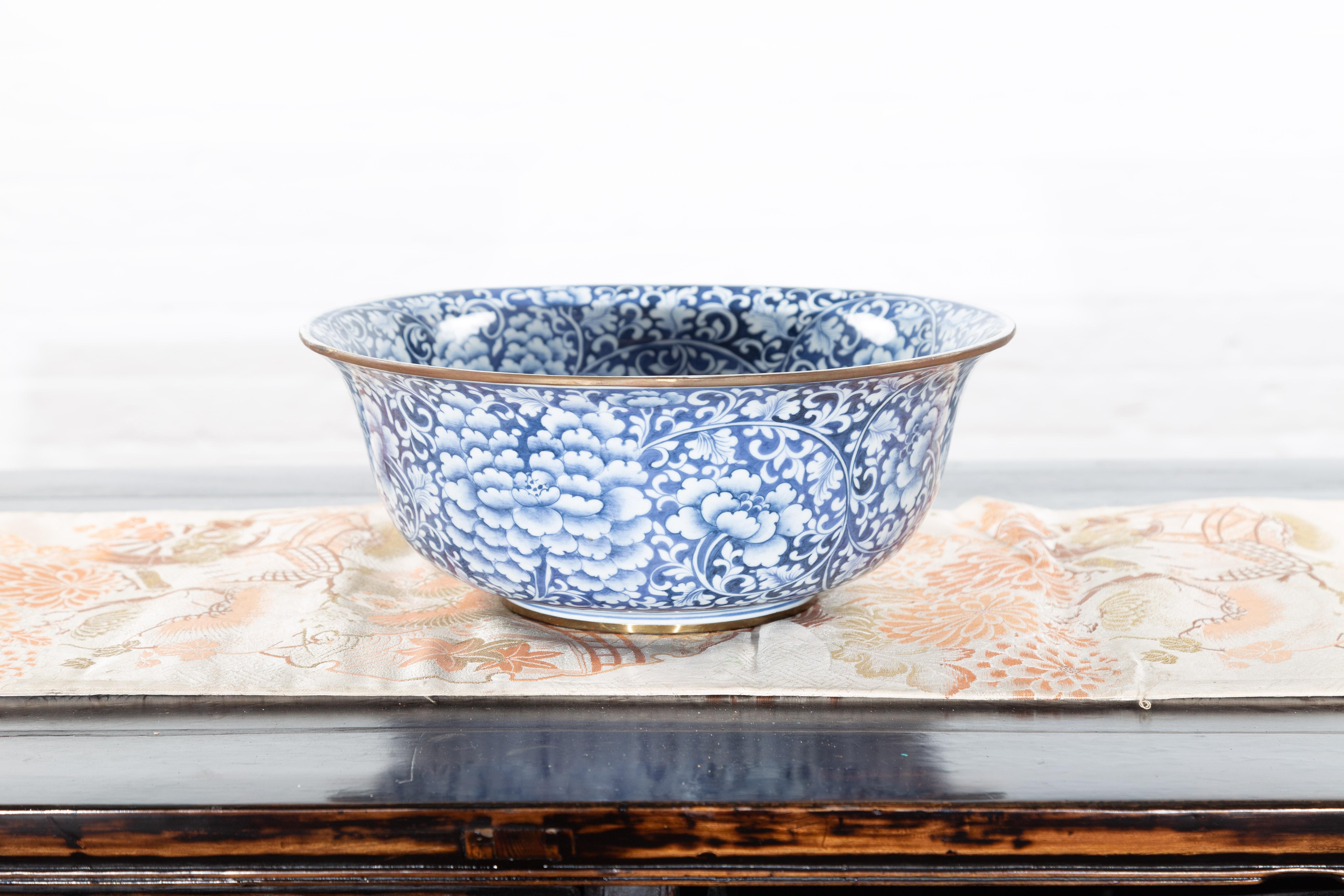 Contemporary Thai Hand-Painted Blue and White Porcelain Bowl with Floral Motifs In Good Condition In Yonkers, NY