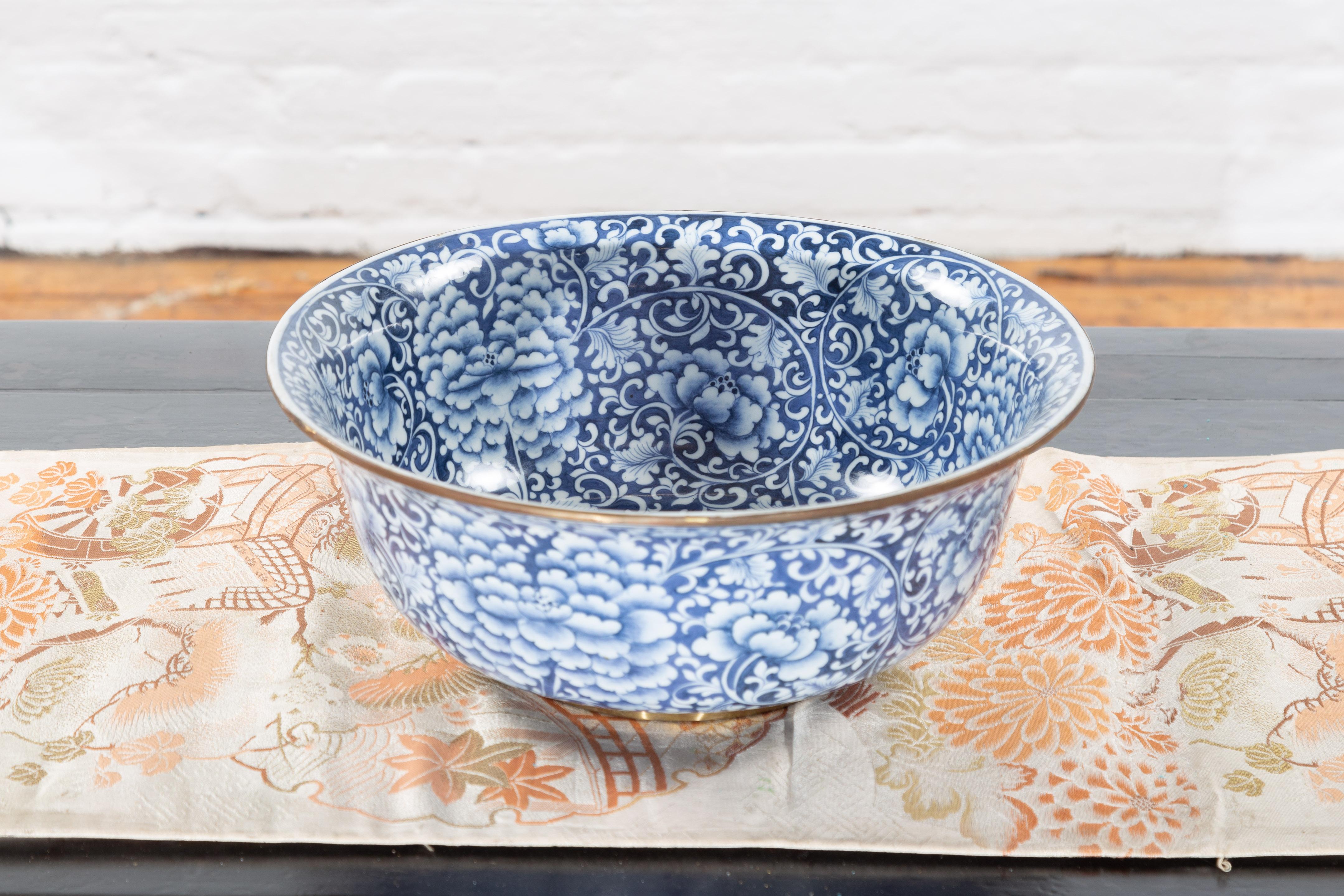 Contemporary Thai Hand-Painted Blue and White Porcelain Bowl with Floral Motifs 1