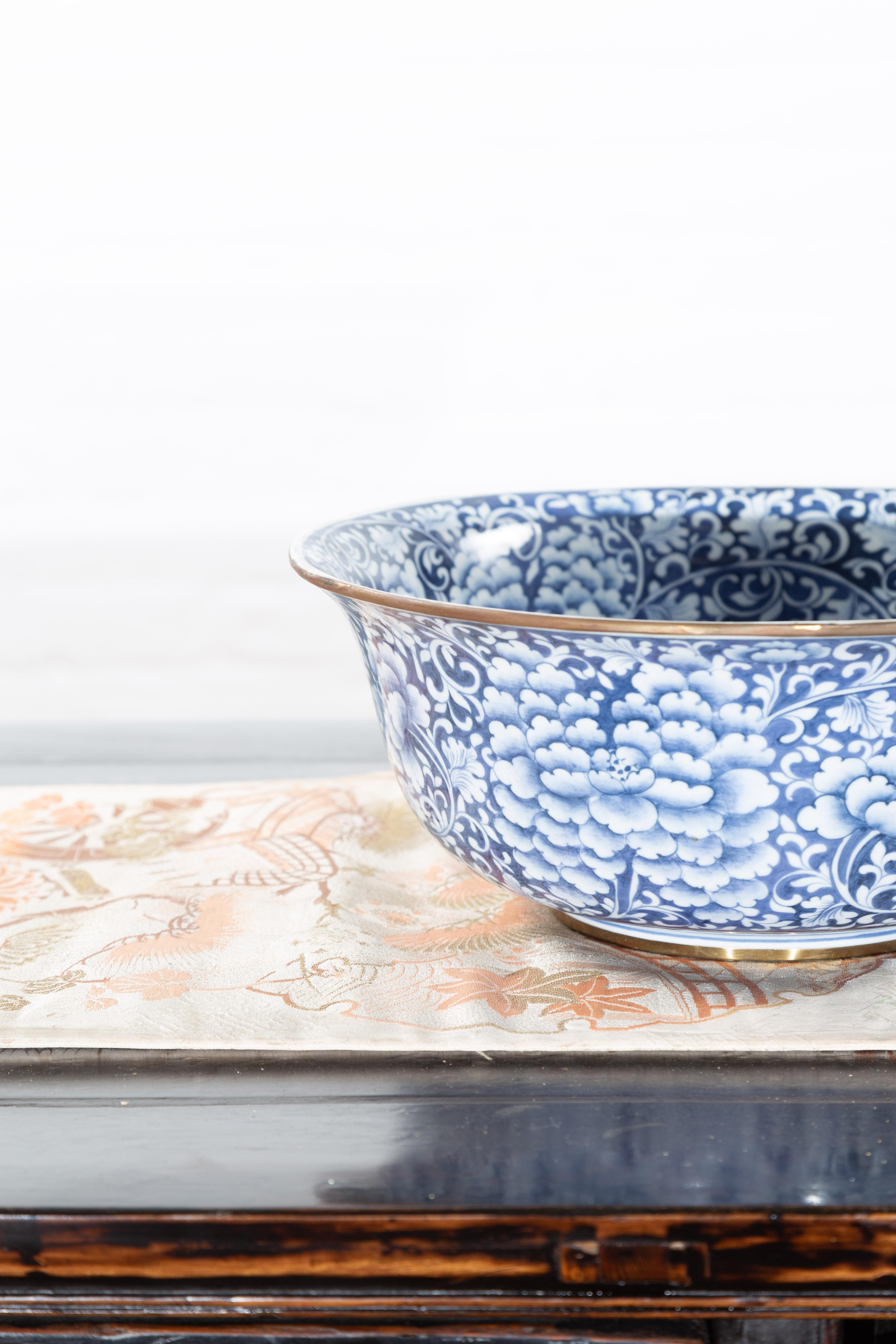 Contemporary Thai Hand-Painted Blue and White Porcelain Bowl with Floral Motifs 2