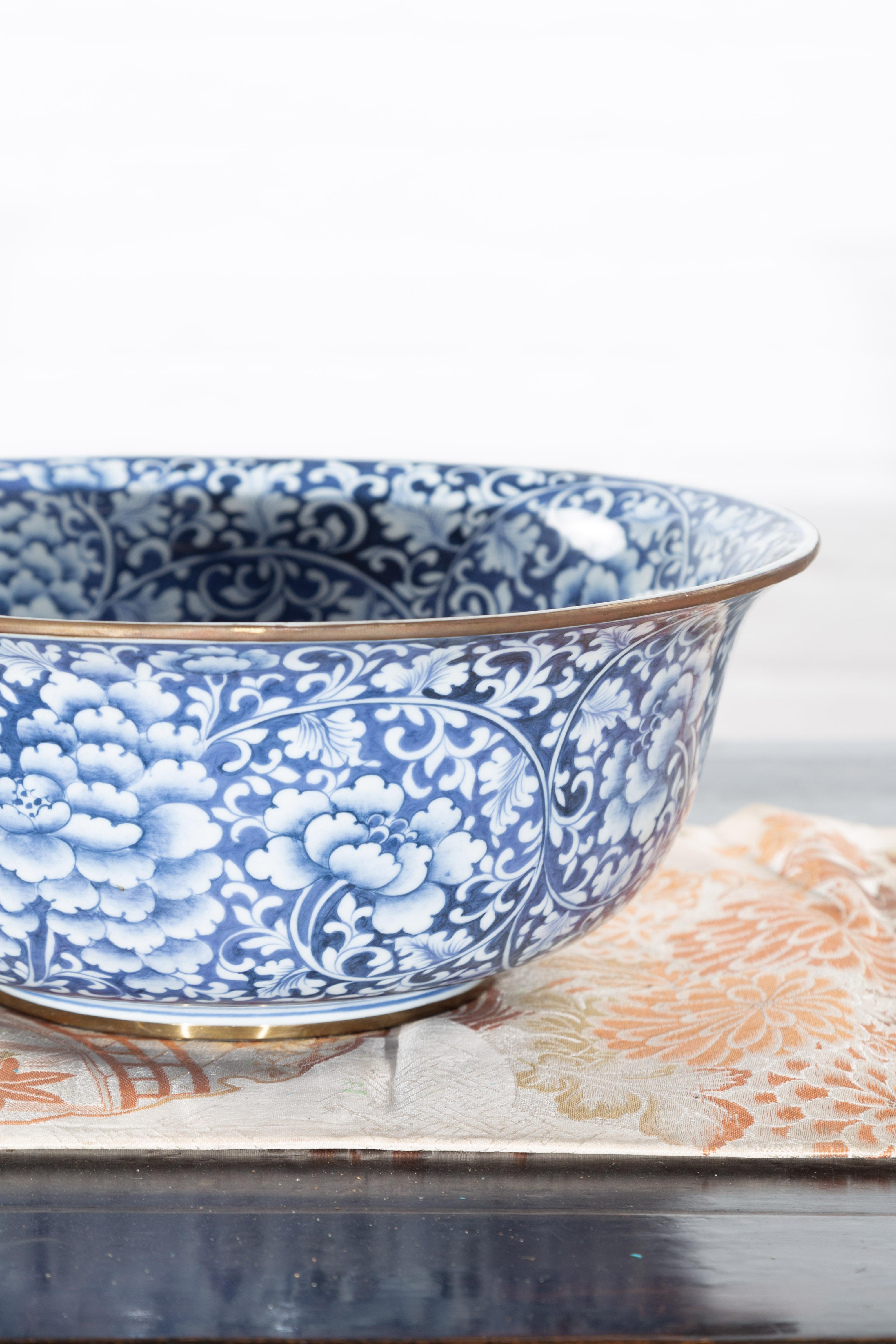 Contemporary Thai Hand-Painted Blue and White Porcelain Bowl with Floral Motifs 3