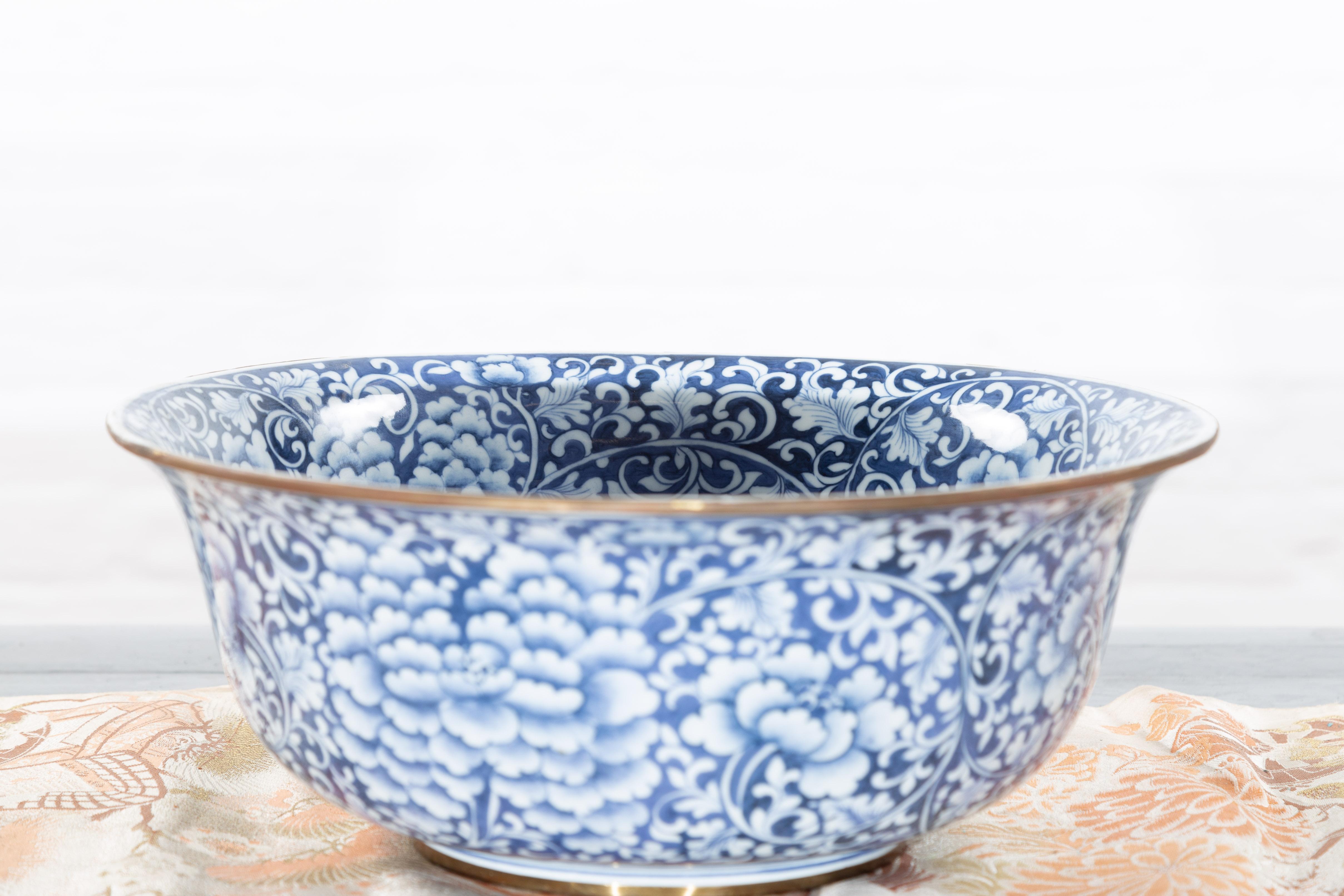 Contemporary Thai Hand-Painted Blue and White Porcelain Bowl with Floral Motifs 4