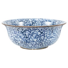 Contemporary Thai Hand-Painted Blue and White Porcelain Bowl with Floral Motifs