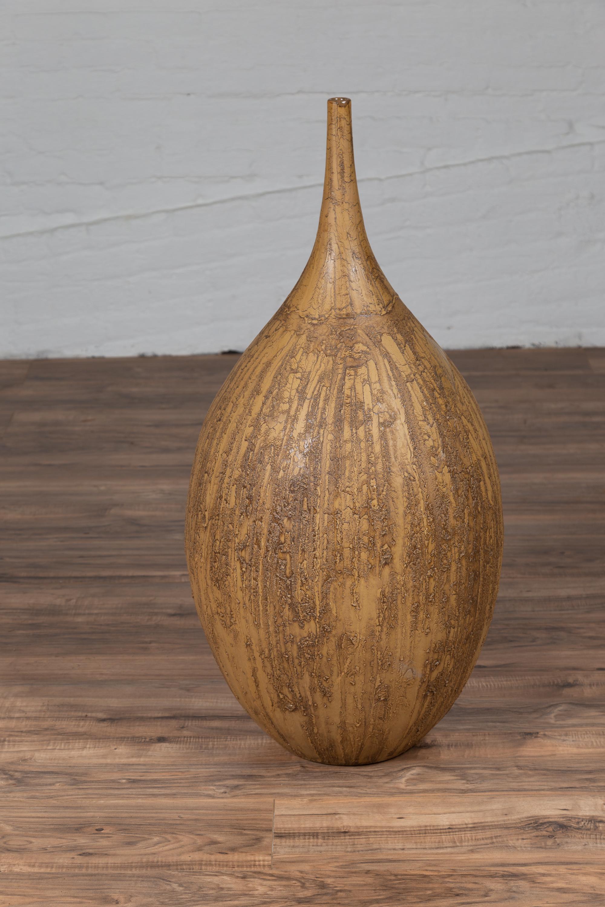 Contemporary Thai Handmade Ceramic Vase with Tapered Spout and Mustard Glaze For Sale 5