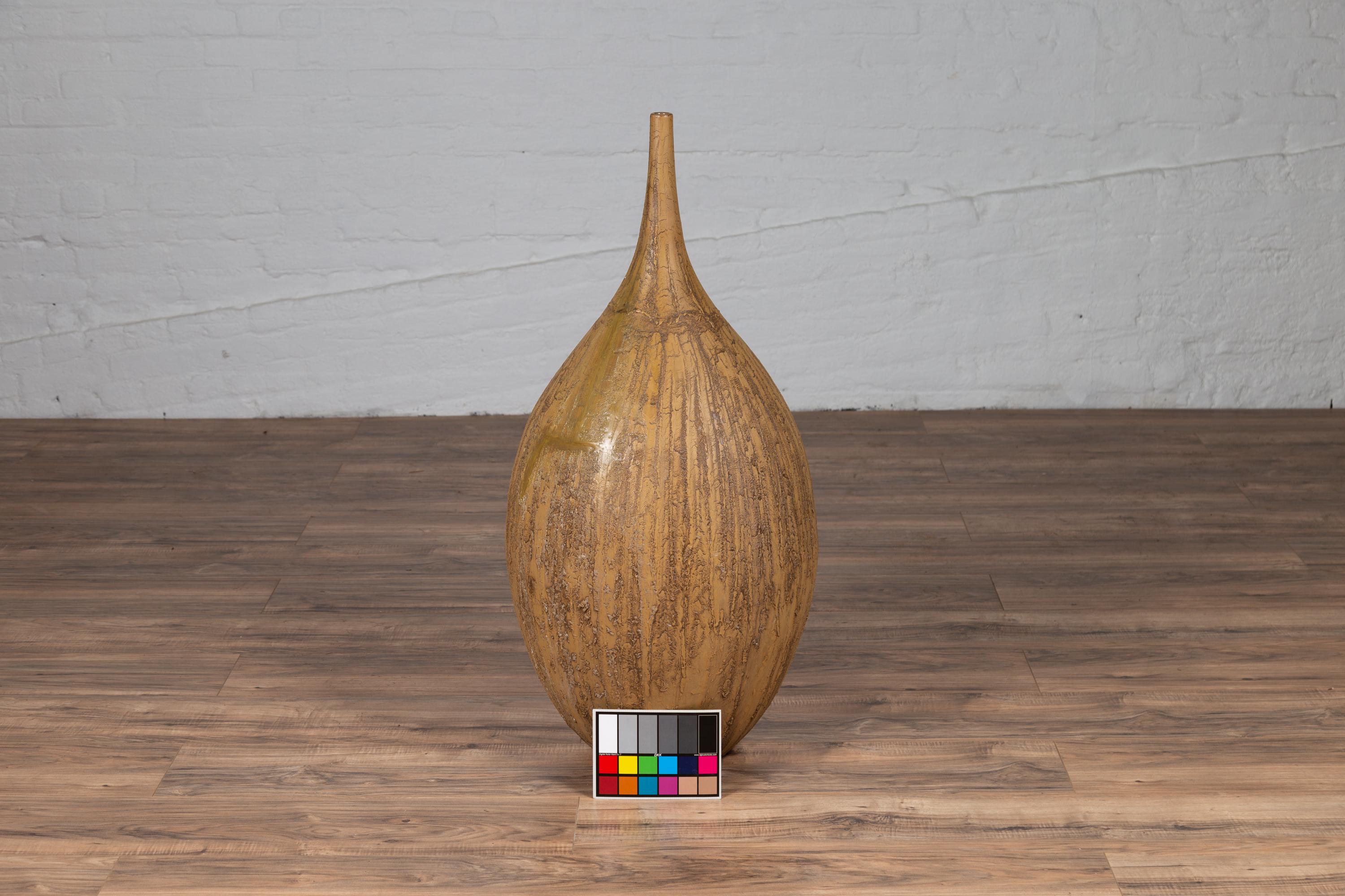 Contemporary Thai Handmade Ceramic Vase with Tapered Spout and Mustard Glaze For Sale 8