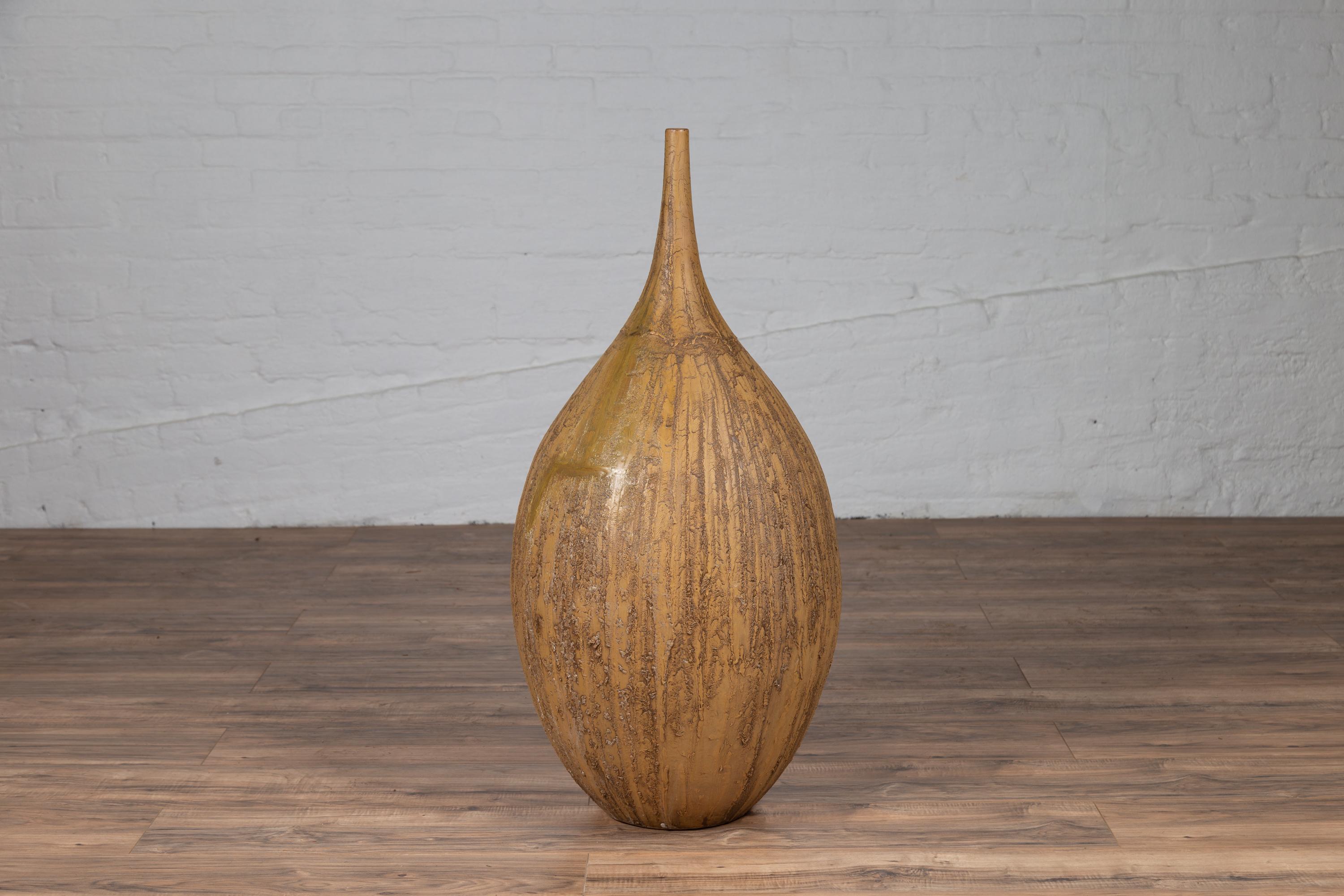 Hand-Crafted Contemporary Thai Handmade Ceramic Vase with Tapered Spout and Mustard Glaze For Sale