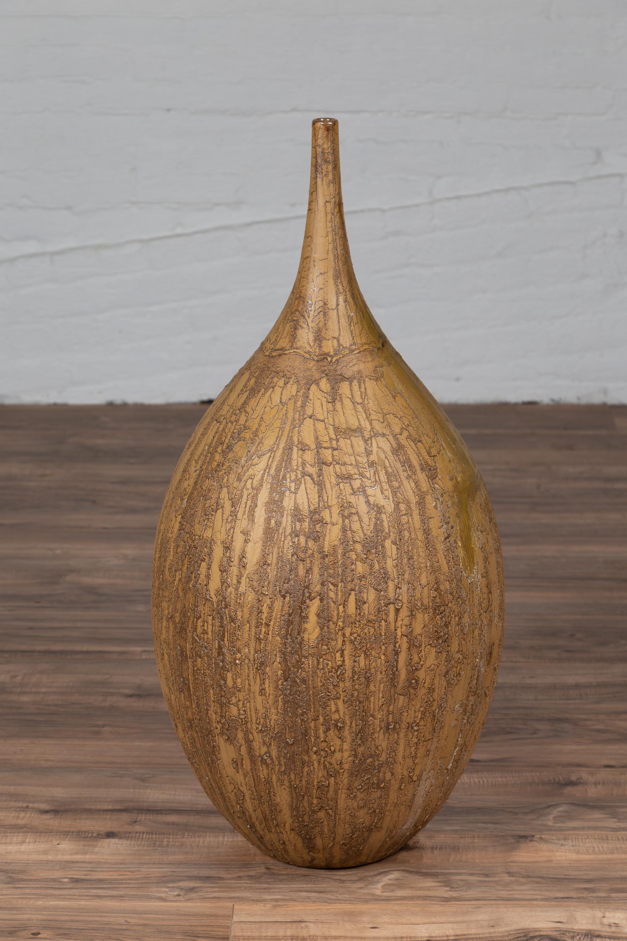 Contemporary Thai Handmade Ceramic Vase with Tapered Spout and Mustard Glaze For Sale 4