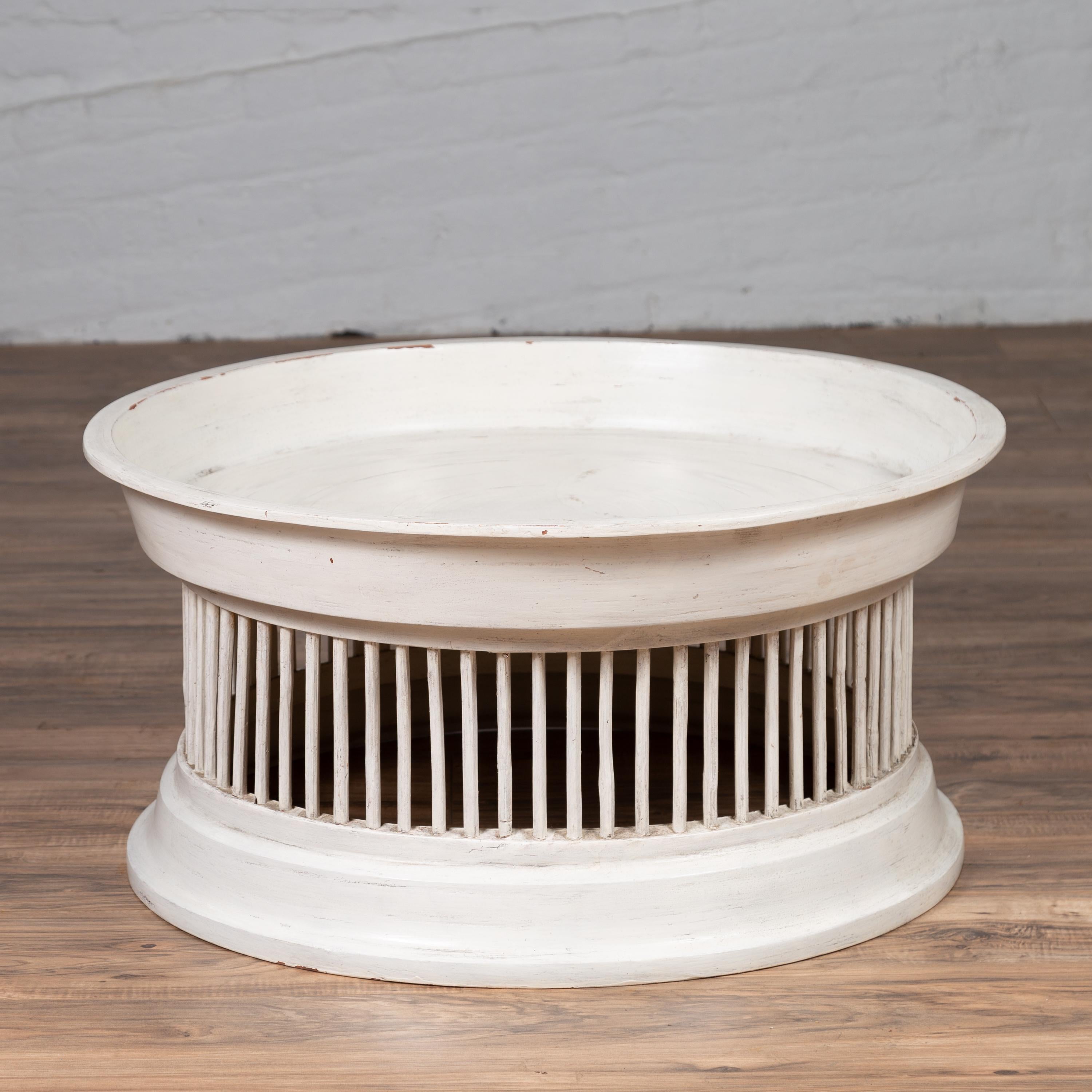 Contemporary Thai OffWhite Rattan Drum Design Coffee Table with